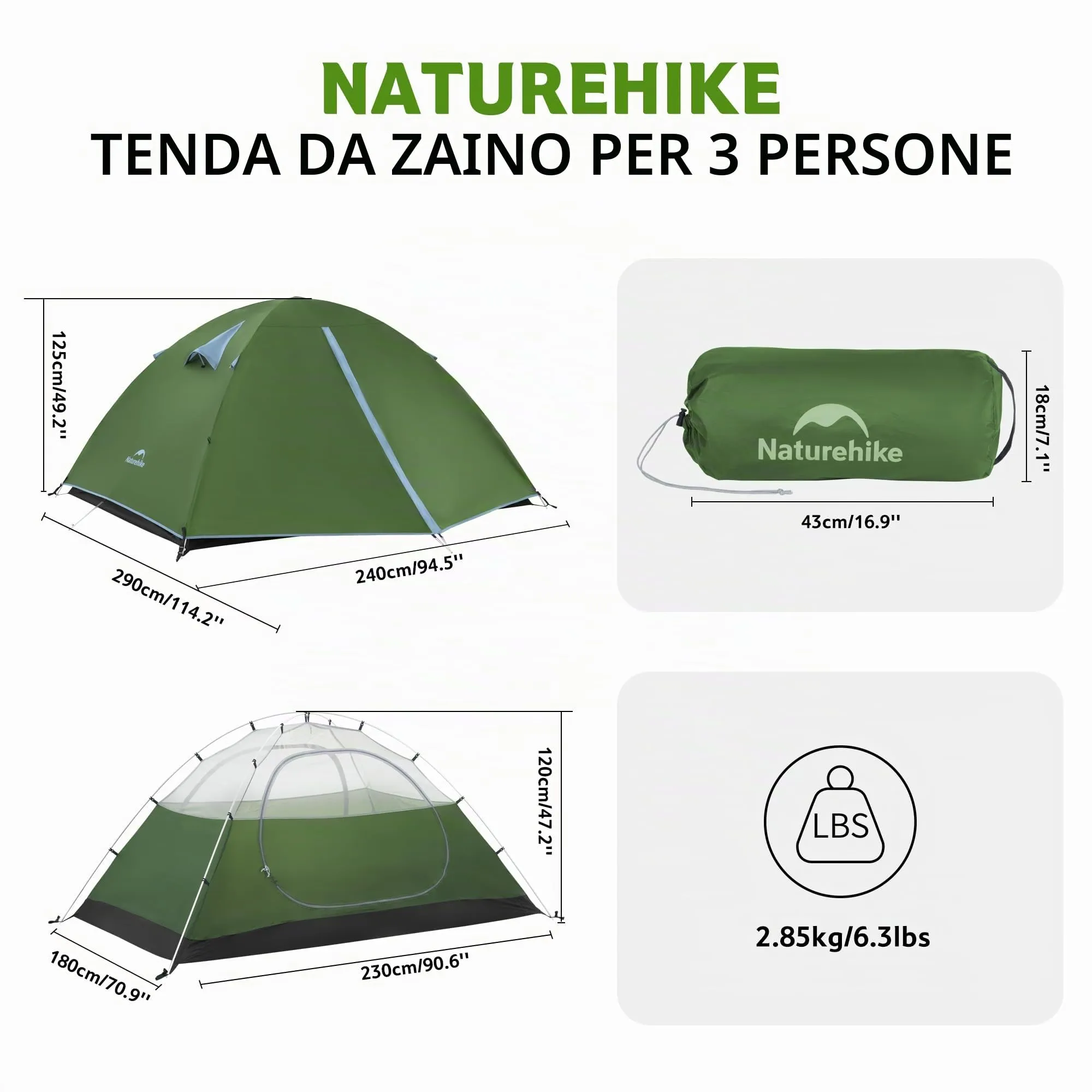 Naturehike Blyk Tenda a Cupola Ultralight, Impermeabile 3000 mm, 2-3 Persone, Verde - immagine 8