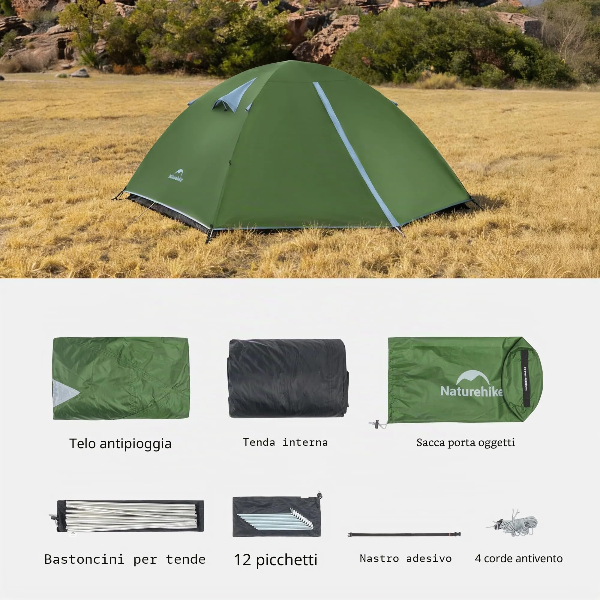 Naturehike Blyk Tenda a Cupola Ultralight, Impermeabile 3000 mm, 2-3 Persone, Verde - immagine 9