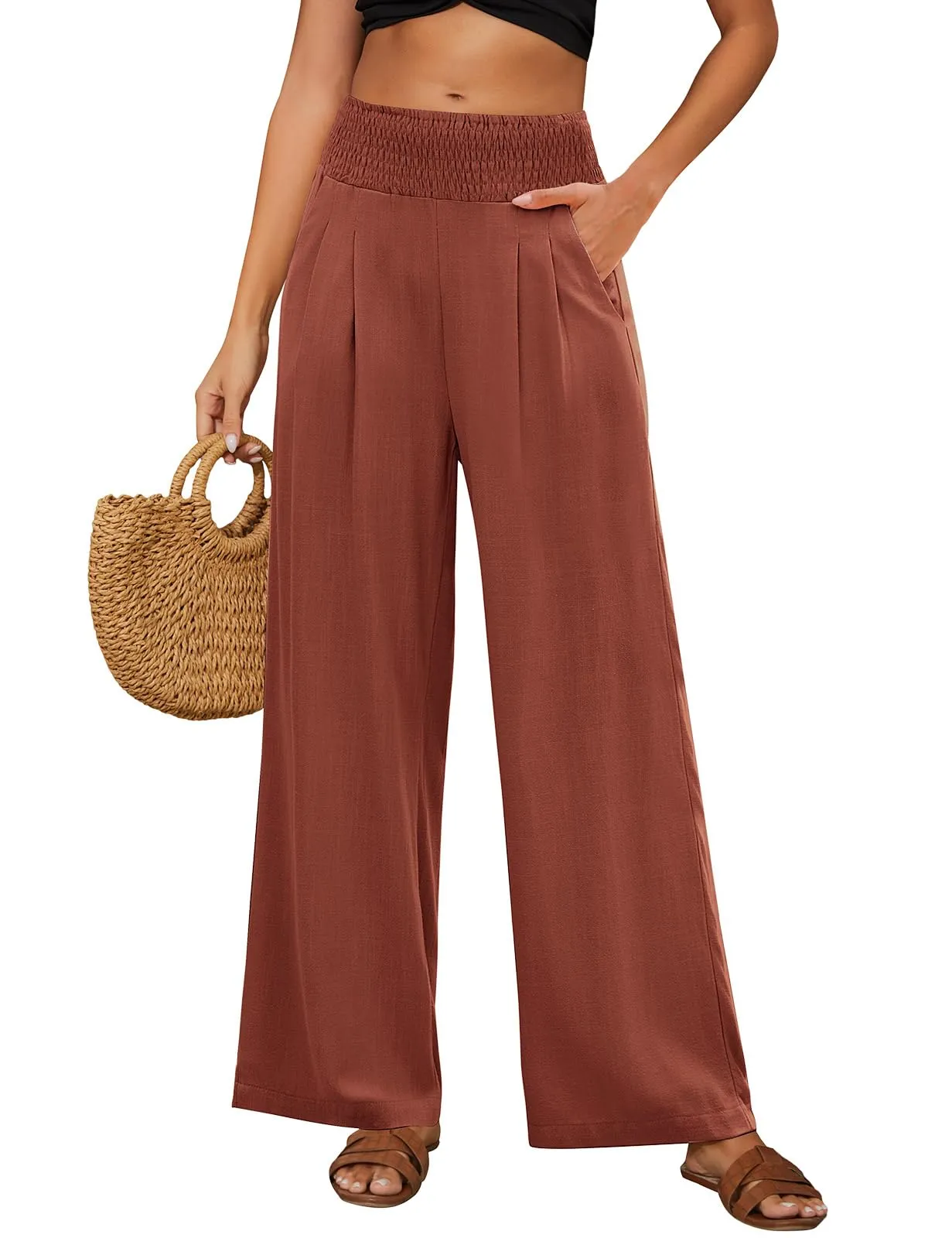 PASUDA Pantaloni in Lino Donna a Gamba Larga Vita Alta con Tasche - Rosso Mattone, S - immagine 1