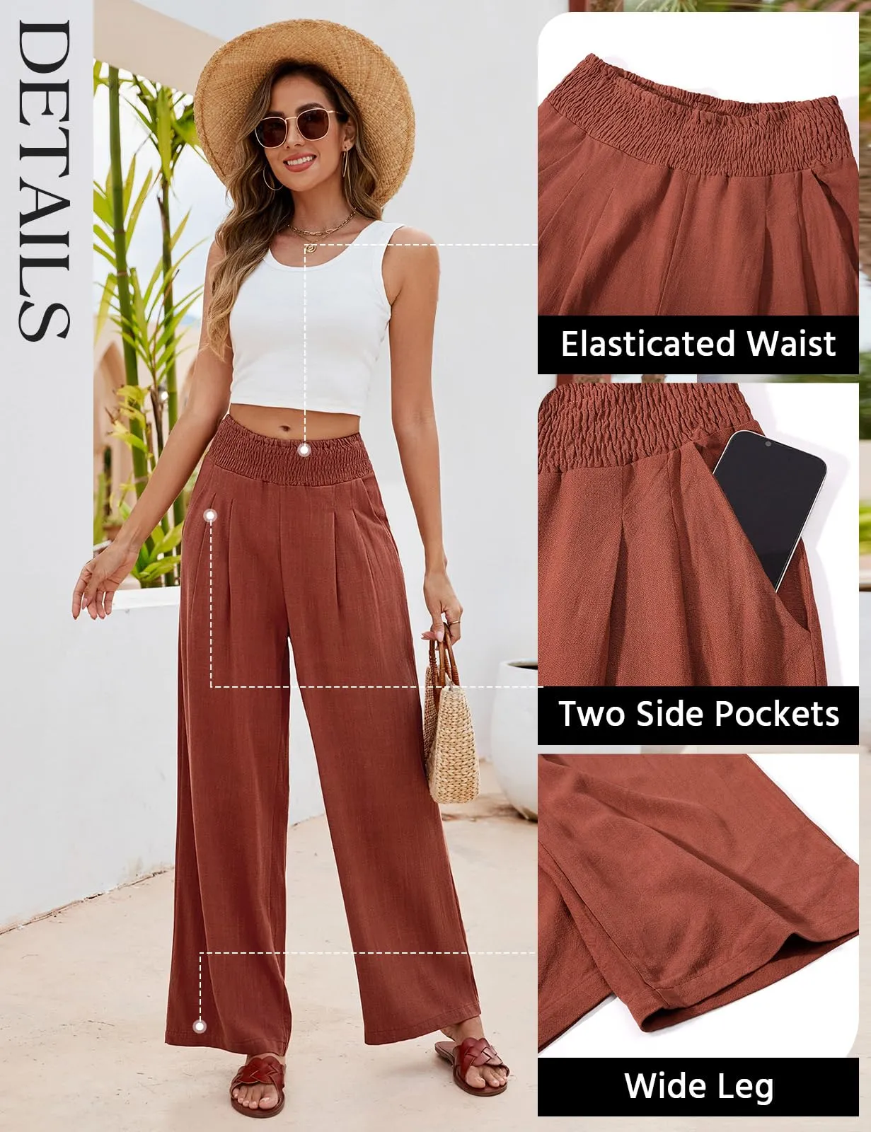 PASUDA Pantaloni in Lino Donna a Gamba Larga Vita Alta con Tasche - Rosso Mattone, S - immagine 3