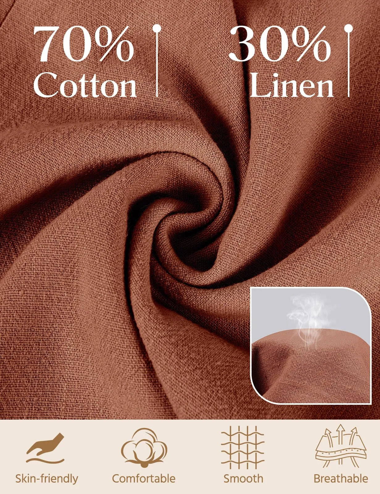 PASUDA Pantaloni in Lino Donna a Gamba Larga Vita Alta con Tasche - Rosso Mattone, S - immagine 4