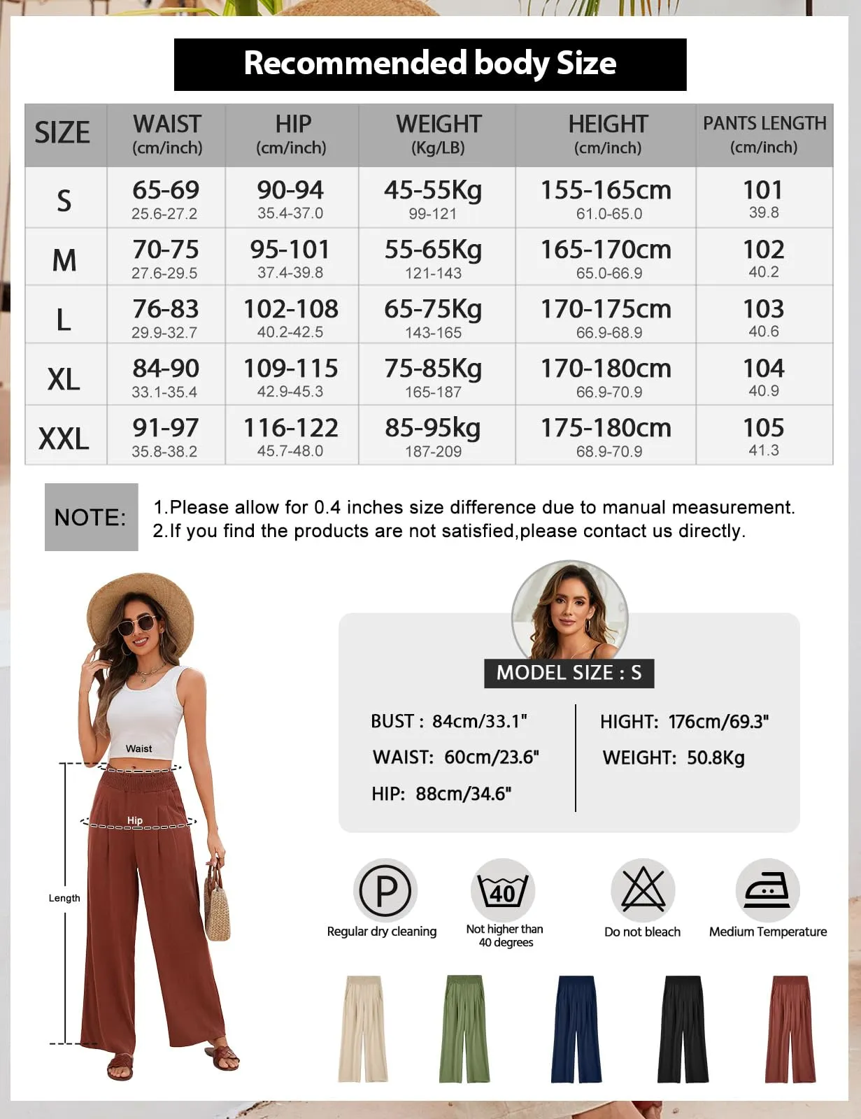 PASUDA Pantaloni in Lino Donna a Gamba Larga Vita Alta con Tasche - Rosso Mattone, S - immagine 5