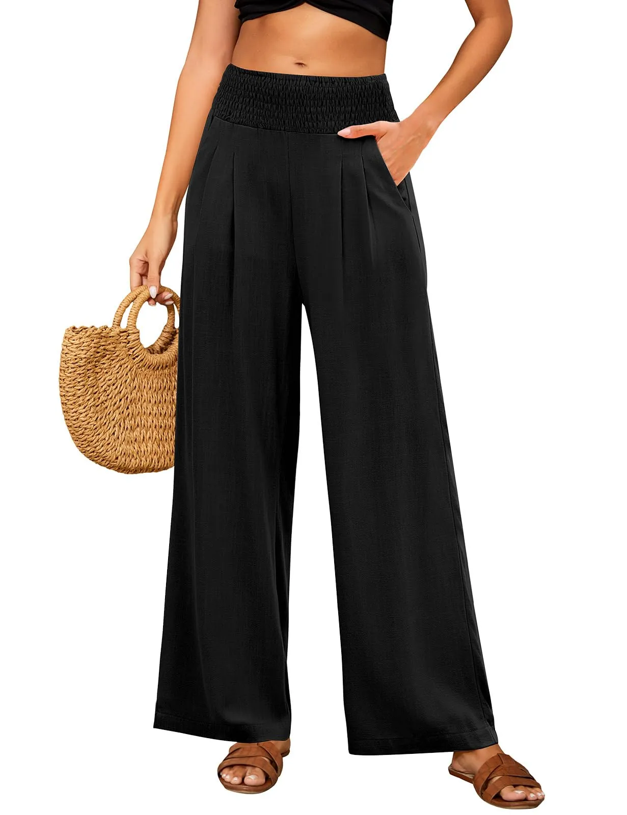 PASUDA Pantaloni in Lino Donna a Vita Alta Larghi con Tasche - Nero, M - immagine 1