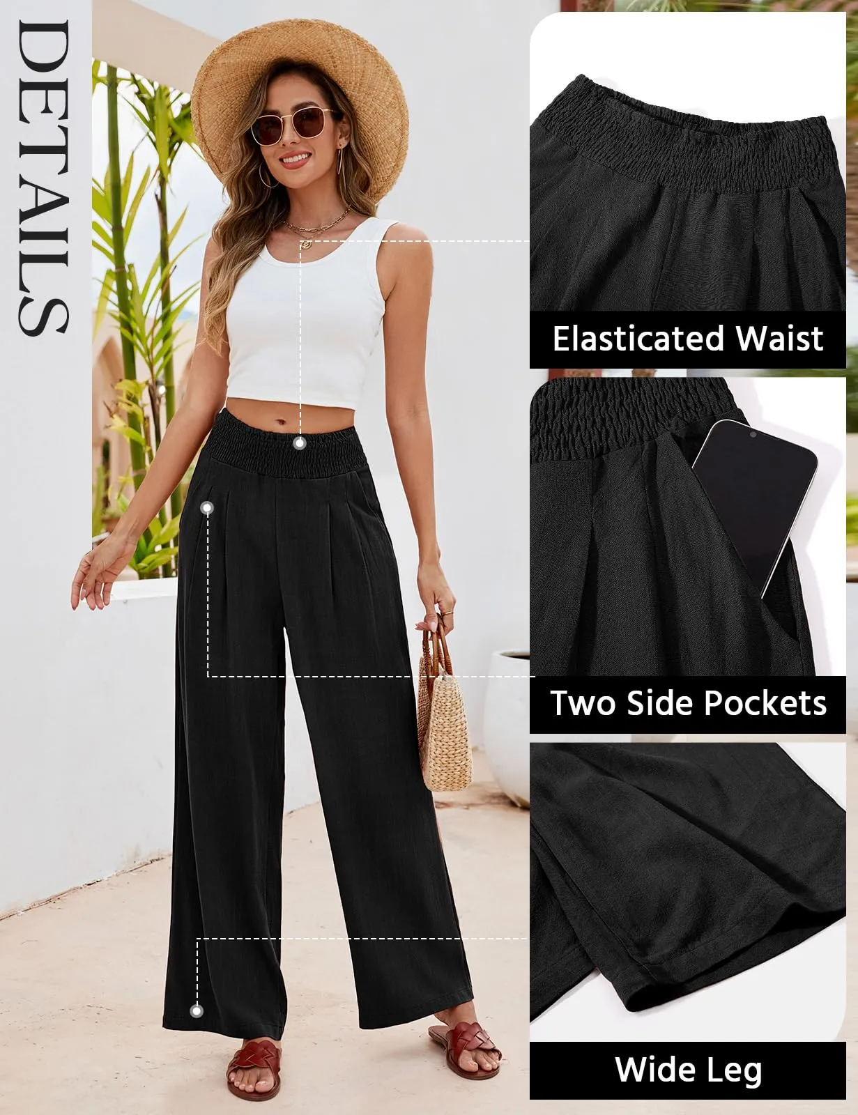 PASUDA Pantaloni in Lino Donna a Vita Alta Larghi con Tasche - Nero, M - immagine 3
