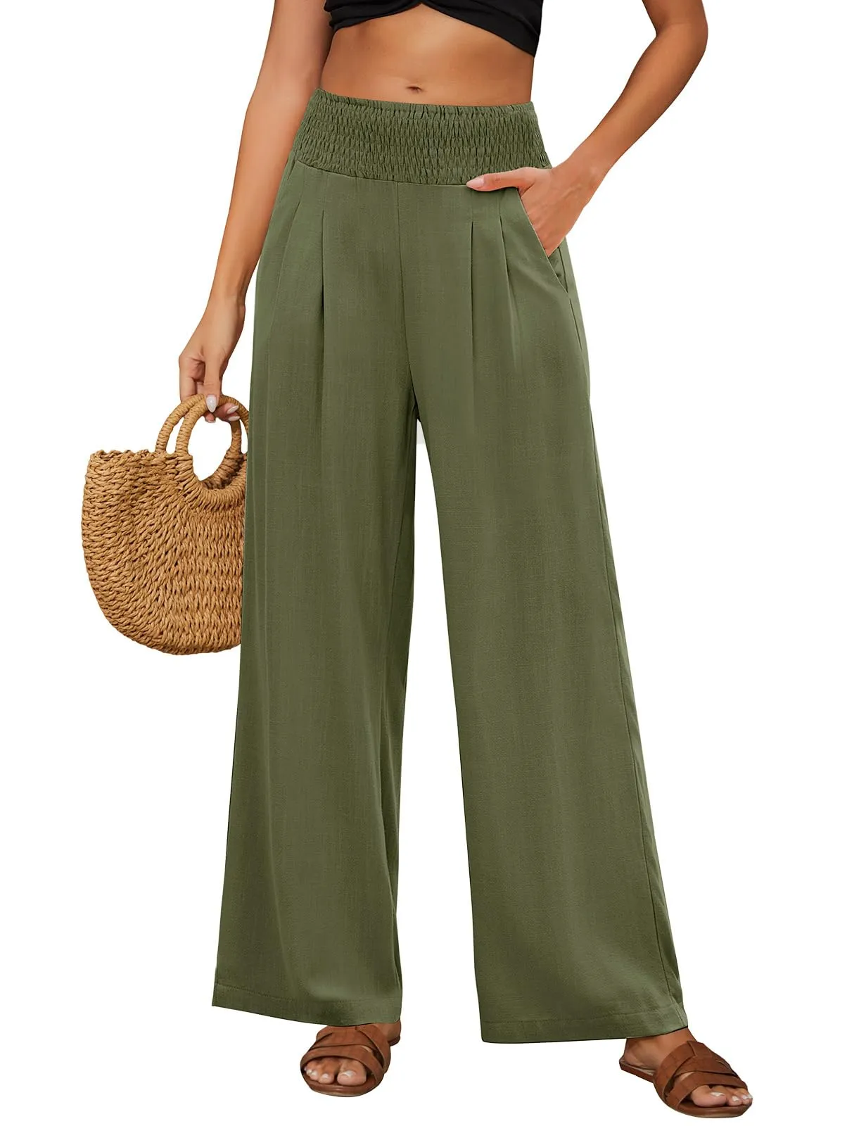 PASUDA Pantaloni in Lino Donna a Gamba Larga Vita Alta con Tasche - Verde, S - immagine 1