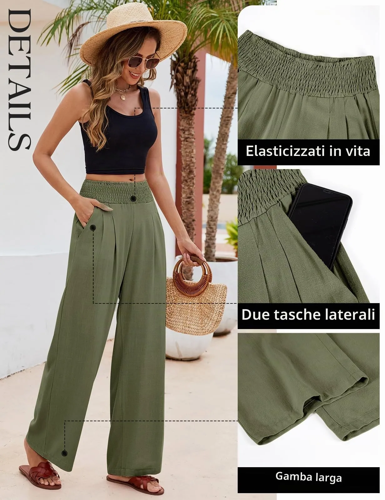 PASUDA Pantaloni in Lino Donna a Gamba Larga Vita Alta con Tasche - Verde, S - immagine 3