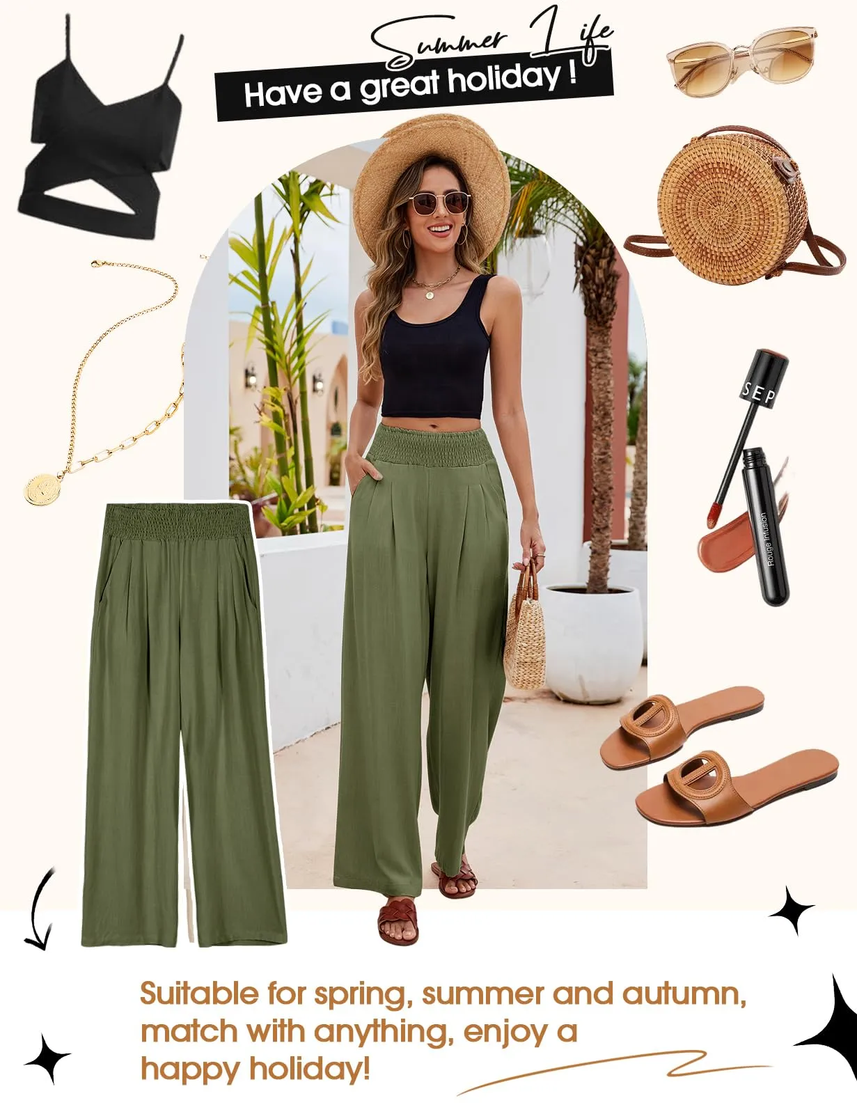 PASUDA Pantaloni in Lino Donna a Gamba Larga Vita Alta con Tasche - Verde, S - immagine 6