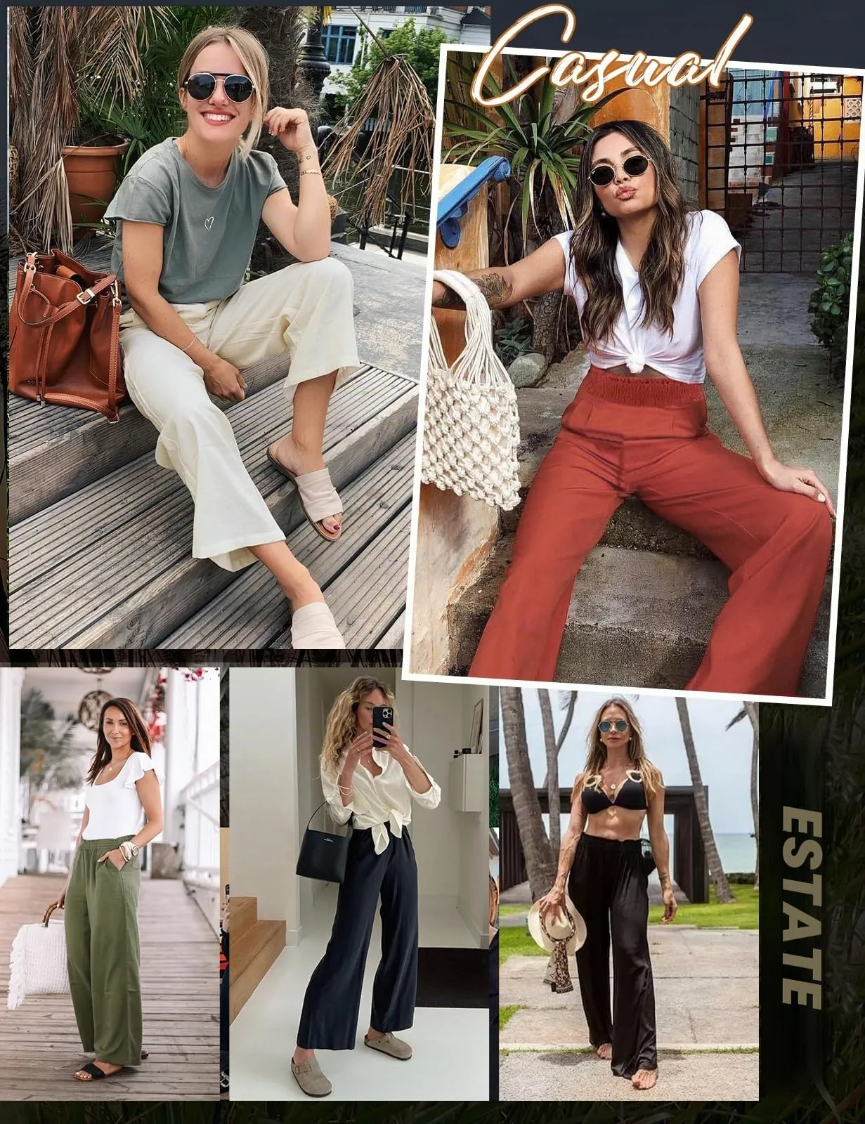 PASUDA Pantaloni in Lino Donna a Gamba Larga Vita Alta con Tasche - Verde, S - immagine 7