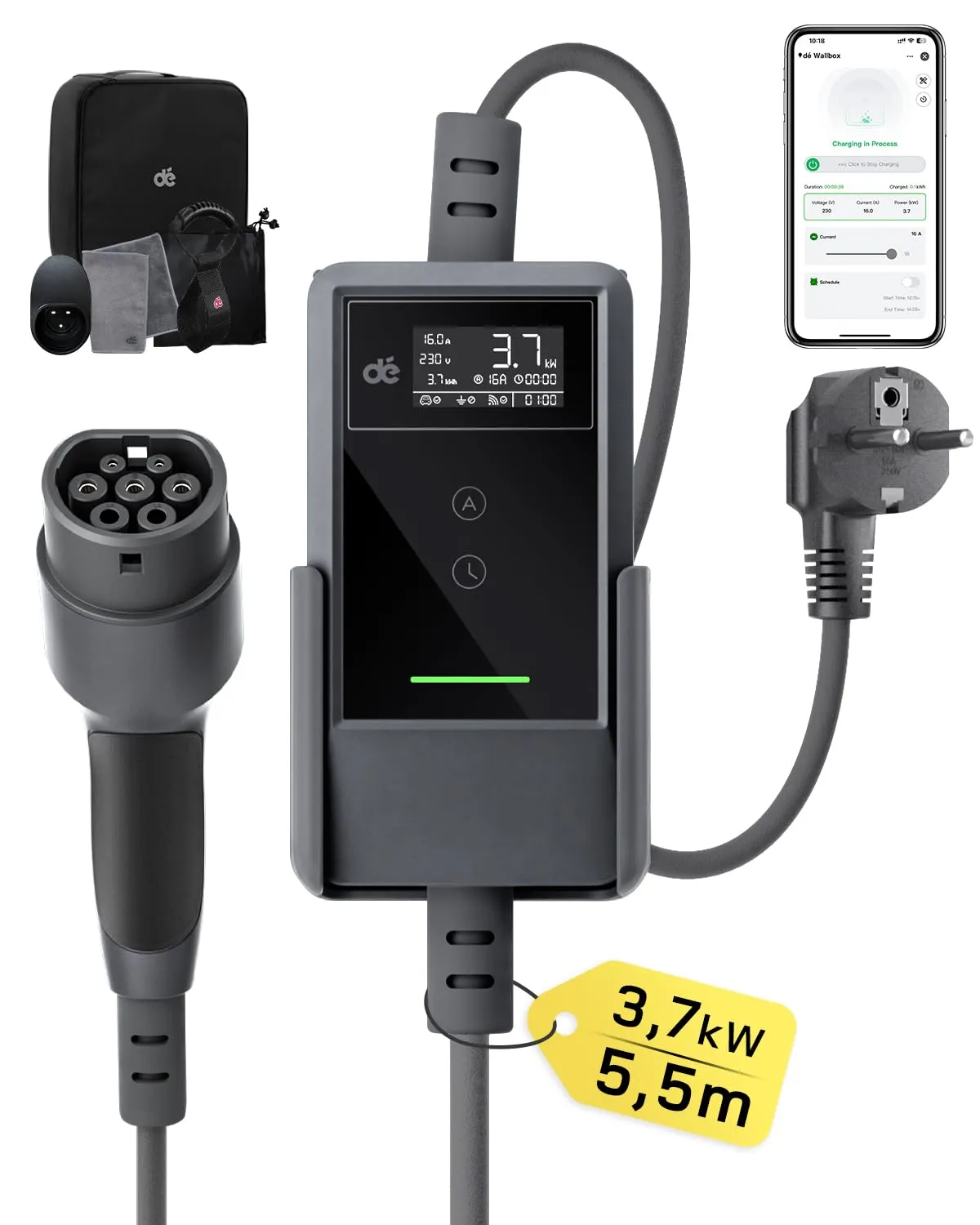 dé Carichino Colonnina Ricarica Auto Elettrica APP 3,7kW 5,5m 6-16A Schuko - immagine 1