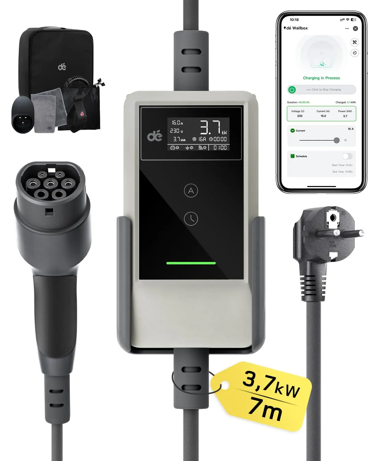 dé Carichino Colonnina di Ricarica Auto Elettrica 3,7kW 7m 6-16A APP Schuko - immagine 1