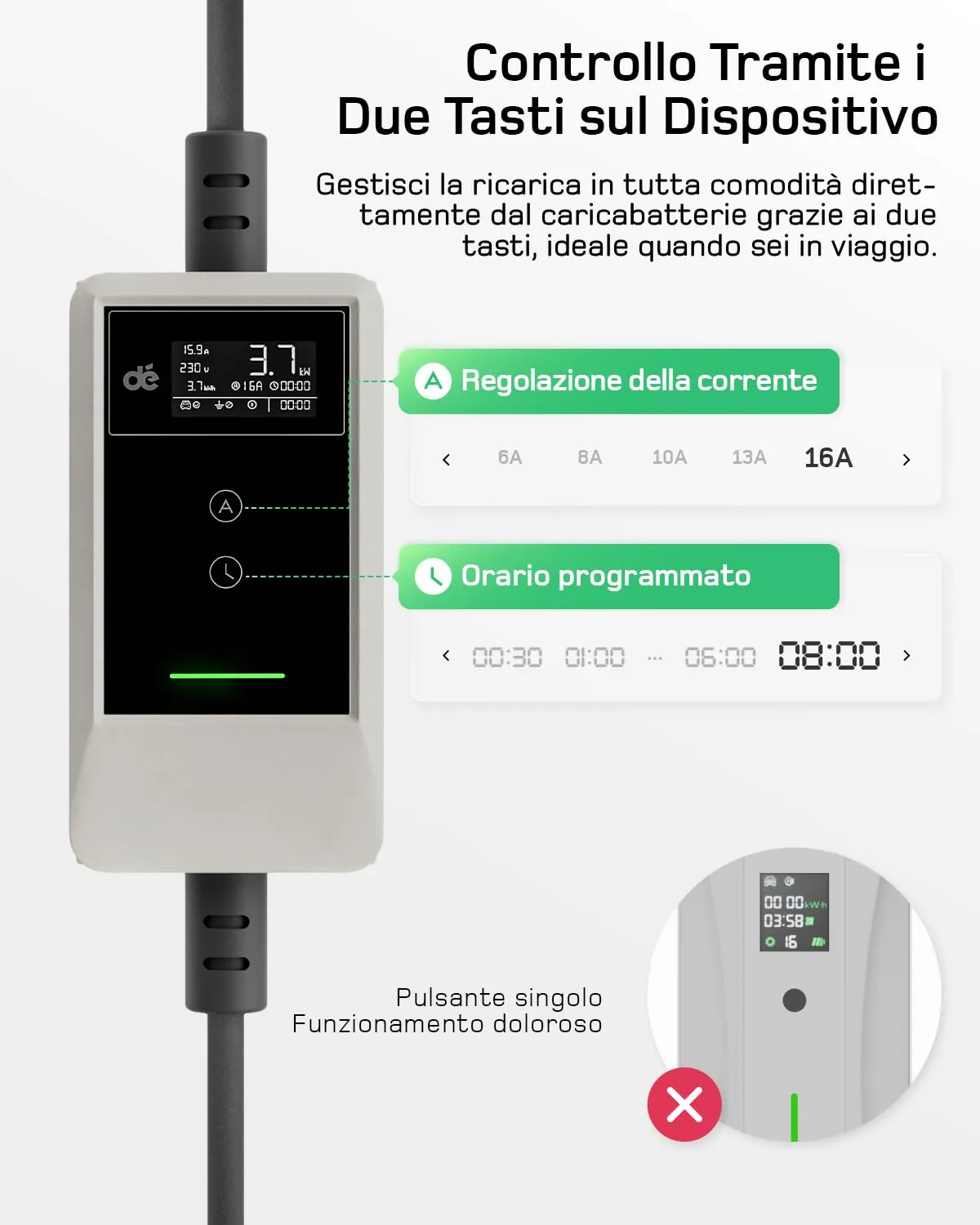 dé Carichino Colonnina Ricarica Auto Elettrica 3,7kW 10m 6-16A APP Schuko - immagine 3