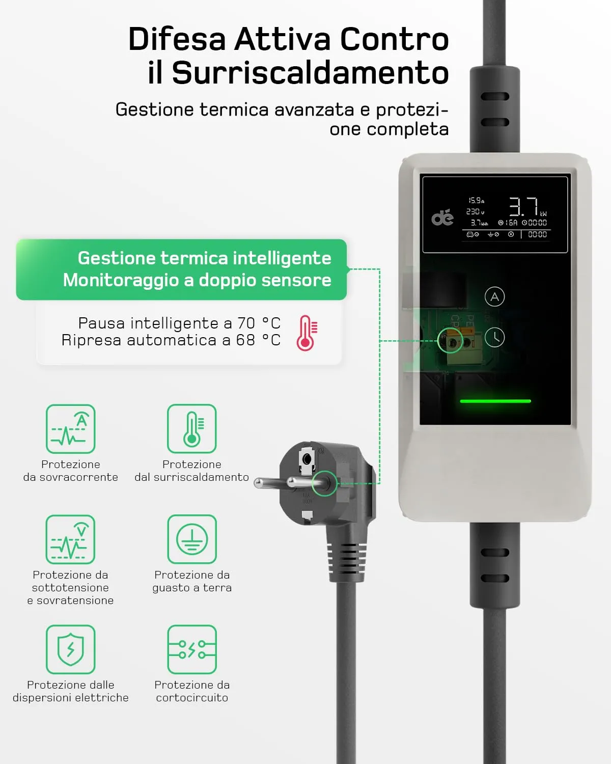 dé Carichino Colonnina Ricarica Auto Elettrica 3,7kW 10m 6-16A APP Schuko - immagine 4