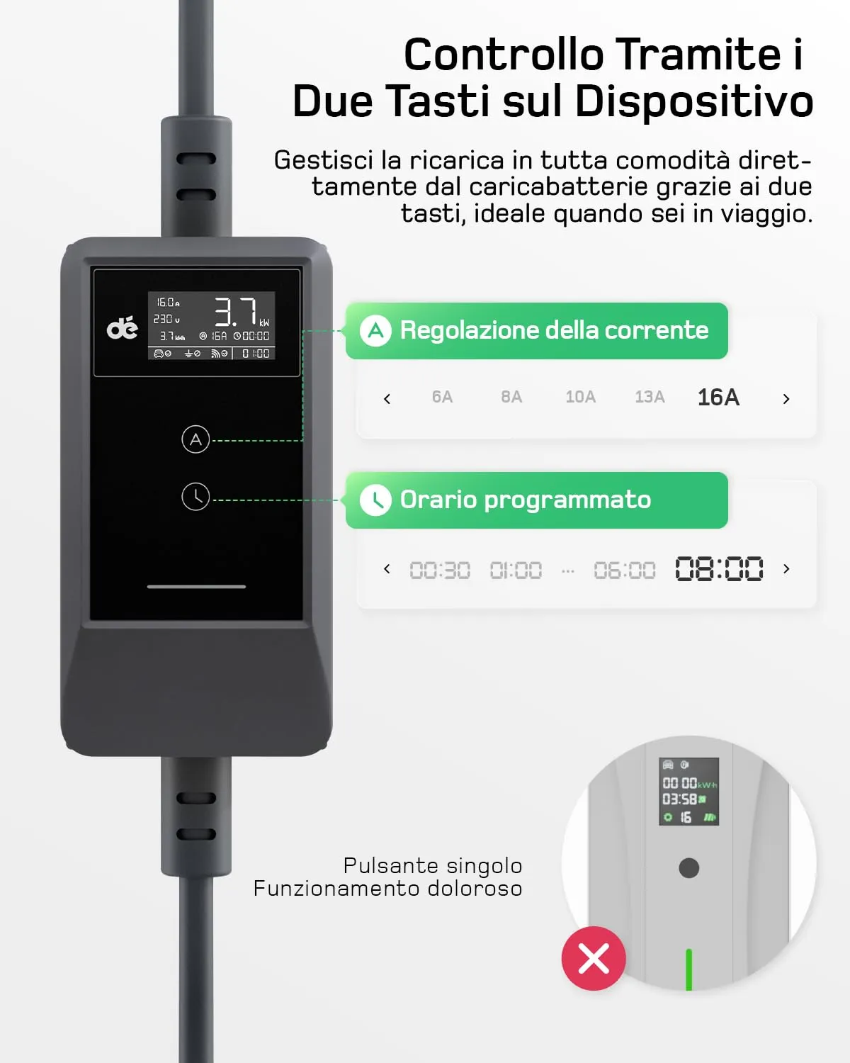 dé Carichino Colonnina di Ricarica Auto Elettrica 3,7kW 15m 6-16A Schuko APP - immagine 3