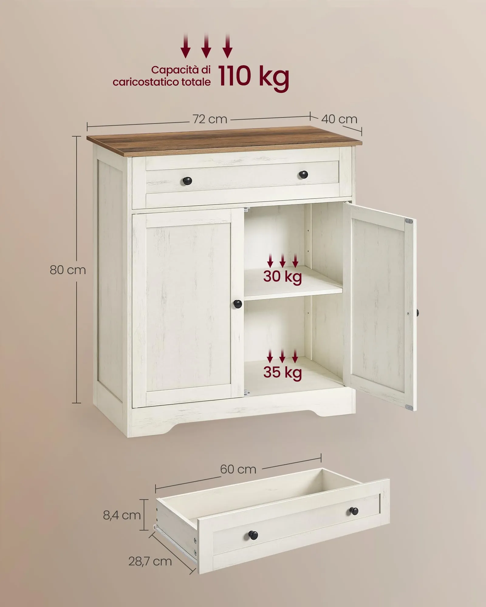 VASAGLE Siren Credenza Madia, Mobile Soggiorno in Truciolato e MDF, 72 x 40 x 80 cm, Bianco Nuvola, LSC521WJ01 - immagine 5