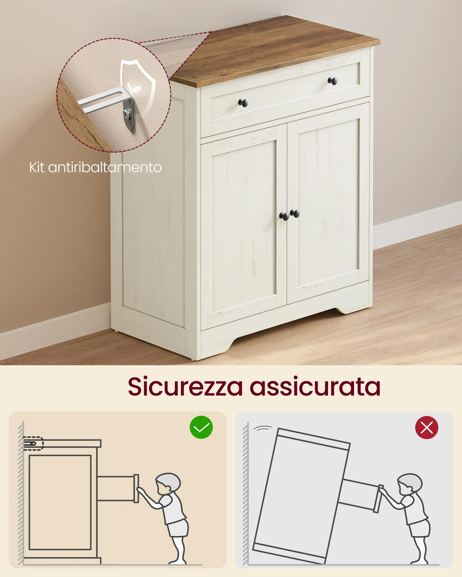 VASAGLE Siren Credenza Madia, Mobile Soggiorno in Truciolato e MDF, 72 x 40 x 80 cm, Bianco Nuvola, LSC521WJ01 - immagine 6
