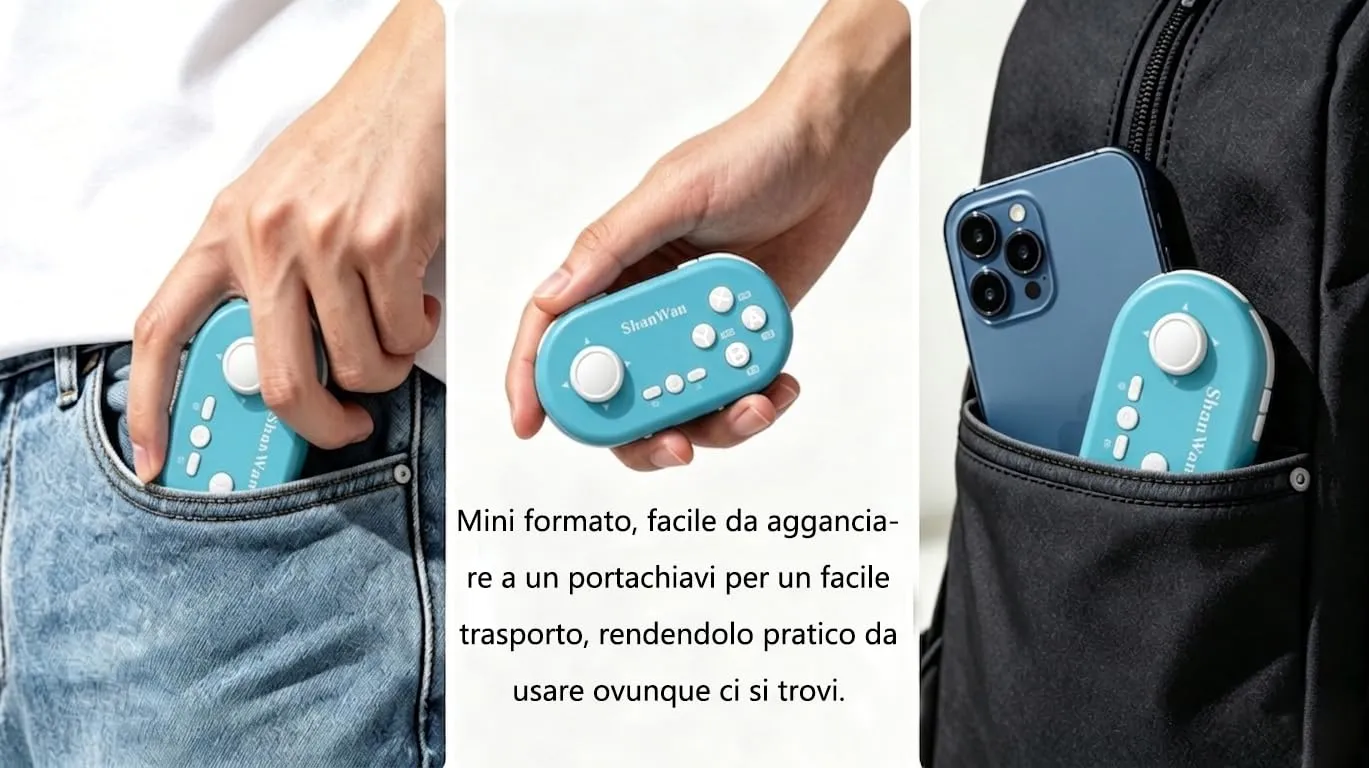 ShanWan Mini Gamepad Bluetooth Controller for Switch, PC, iOS, Android, Anki - Hall Effect Anti-Drift Joystick, 6-Axis Gyroscope, Turbo, Customizable Macro (Blue) - immagine 4
