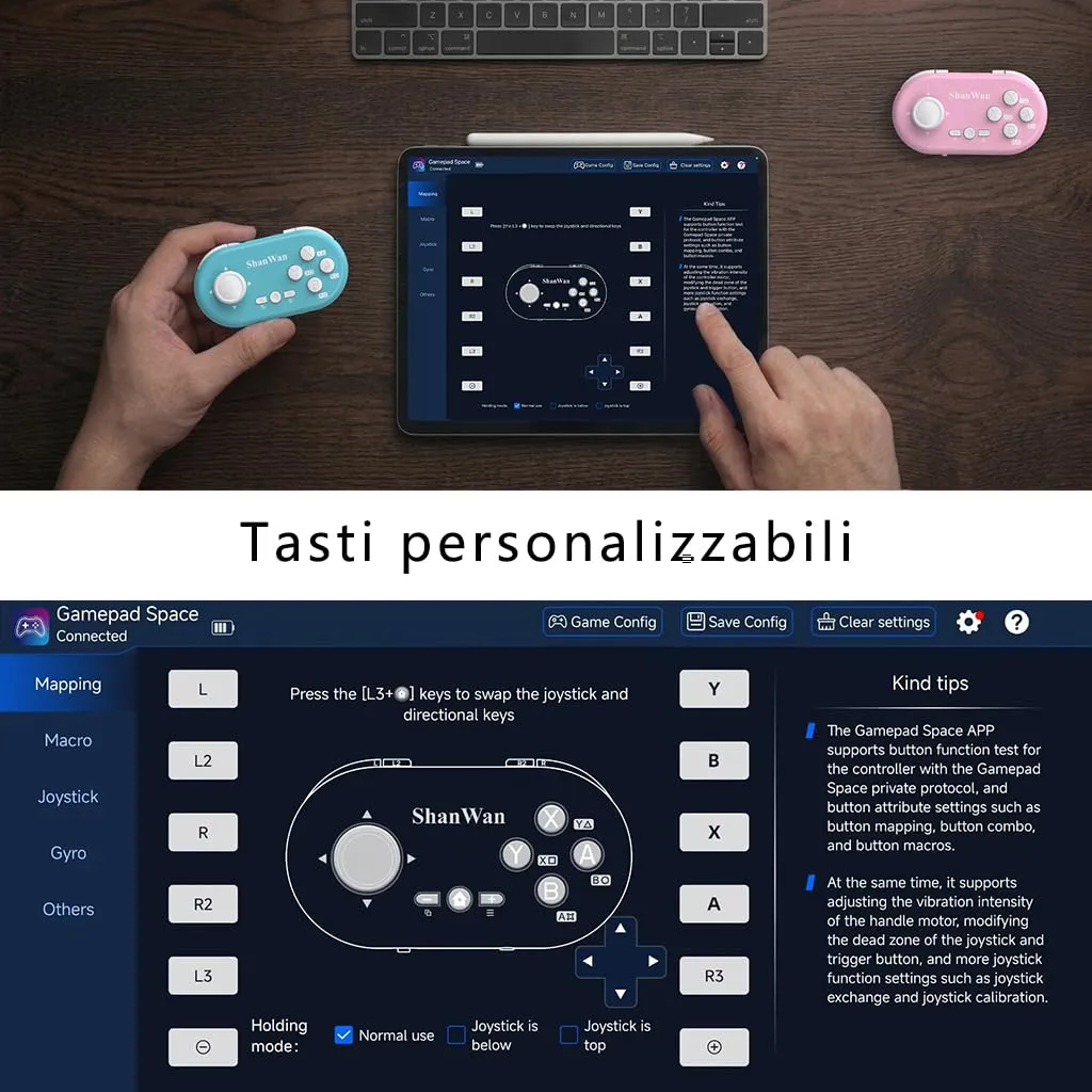 ShanWan Mini Gamepad Bluetooth Controller for Switch, PC, iOS, Android, Anki - Hall Effect Anti-Drift Joystick, 6-Axis Gyroscope, Turbo, Customizable Macro (Blue) - immagine 5