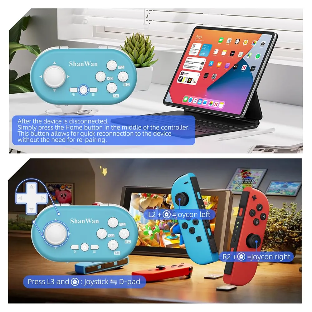 ShanWan Mini Gamepad Bluetooth Controller for Switch, PC, iOS, Android, Anki - Hall Effect Anti-Drift Joystick, 6-Axis Gyroscope, Turbo, Customizable Macro (Blue) - immagine 9