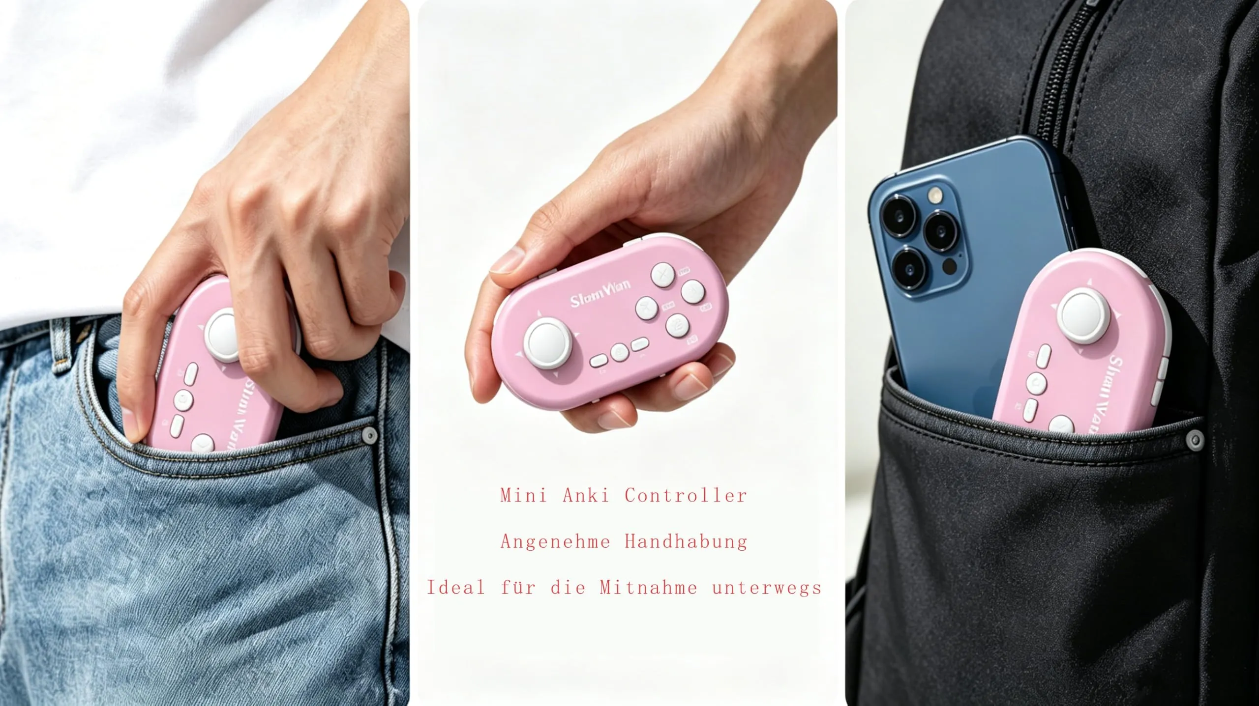 ShanWan Mini Gamepad Bluetooth Controller for Switch, PC, iOS, Android, Anki, Hall Effect Anti-Drift Joystick, 6-Axis Gyroscope, Turbo, Customizable Macro (Rosa) - immagine 5