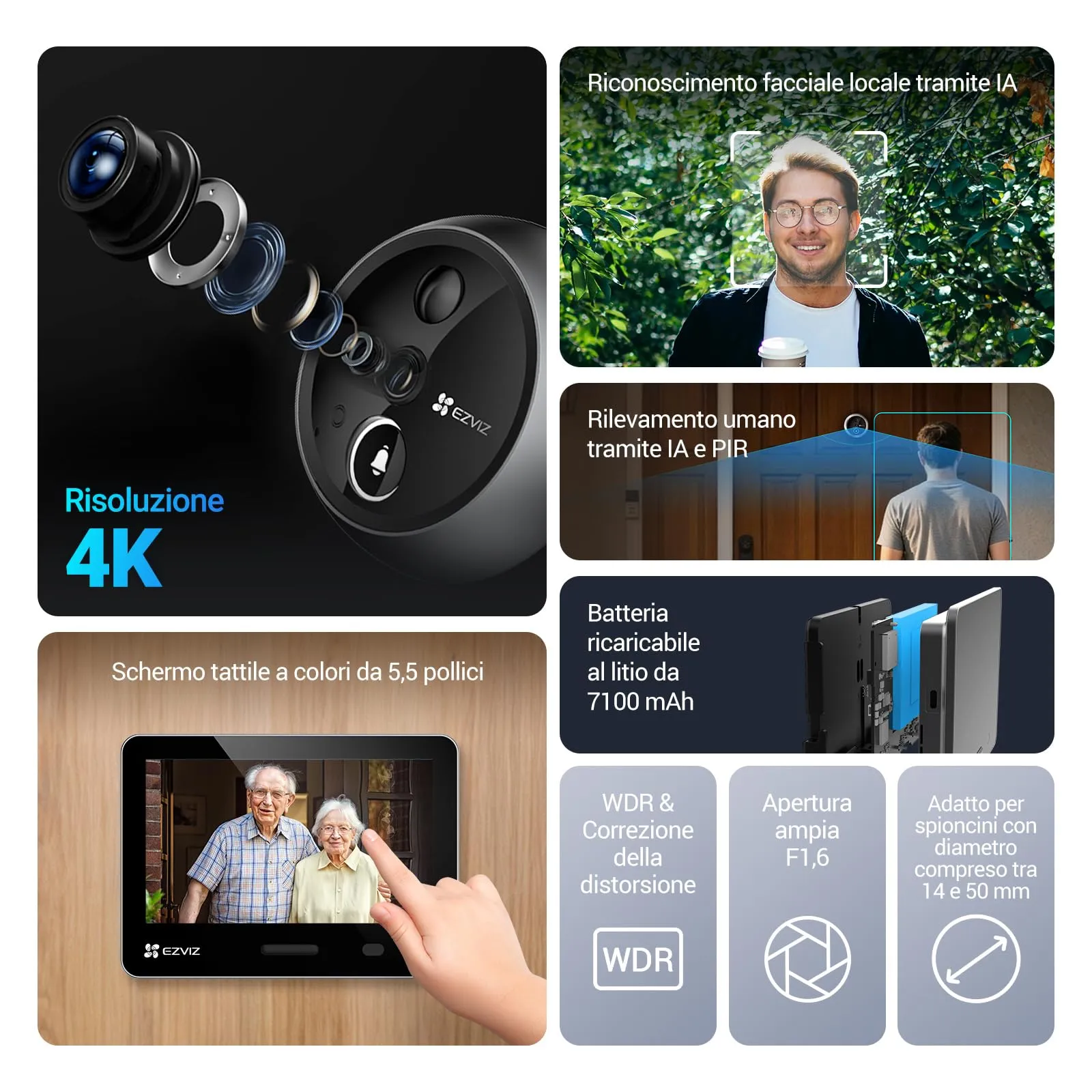 EZVIZ EP4 Spioncino Digitale WiFi 4K, Schermo Touch 5,5", Argento - immagine 2