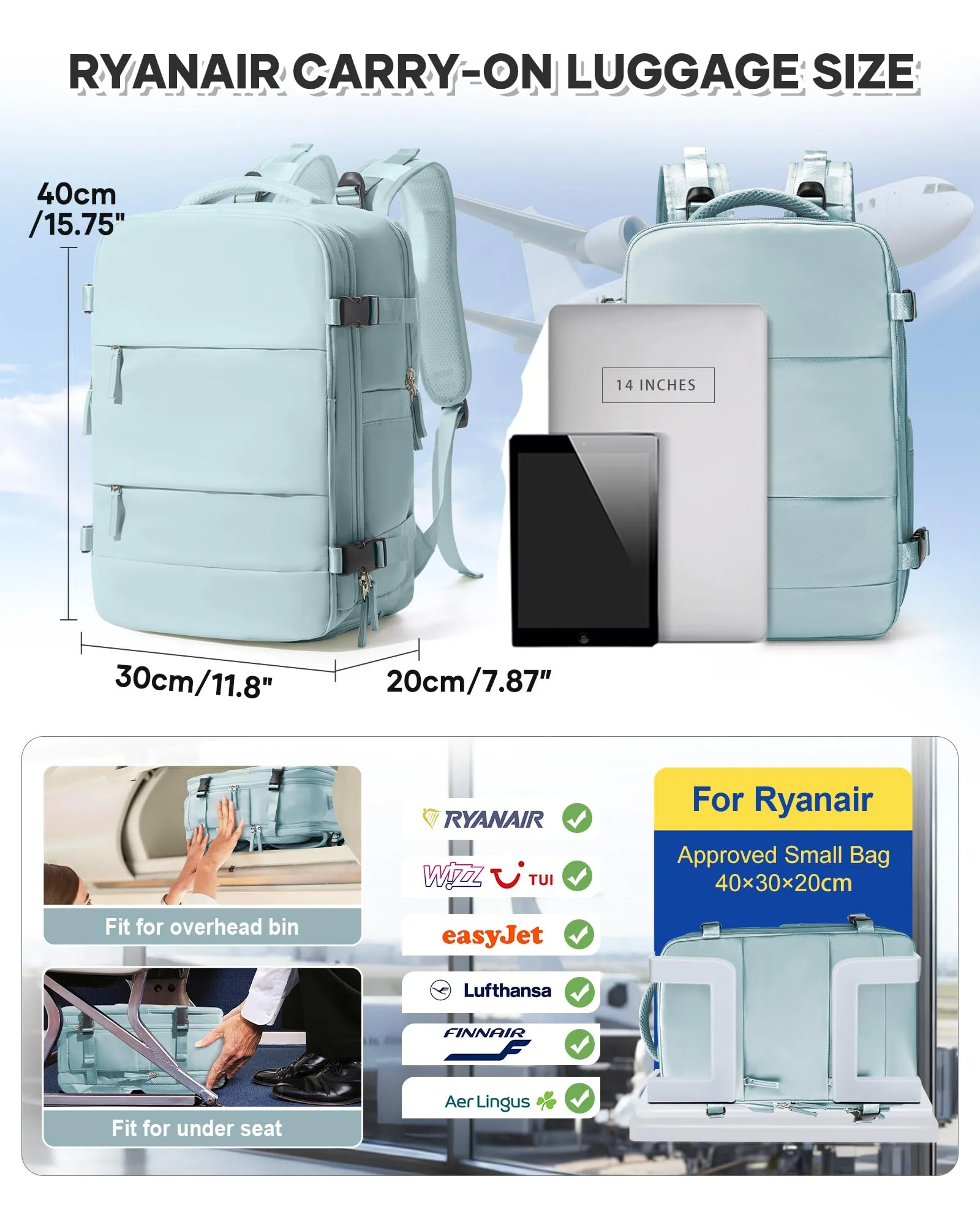 BJLFS Zaino da Viaggio Ryanair 40x30x20 Sottovuoto con Pompa - immagine 3