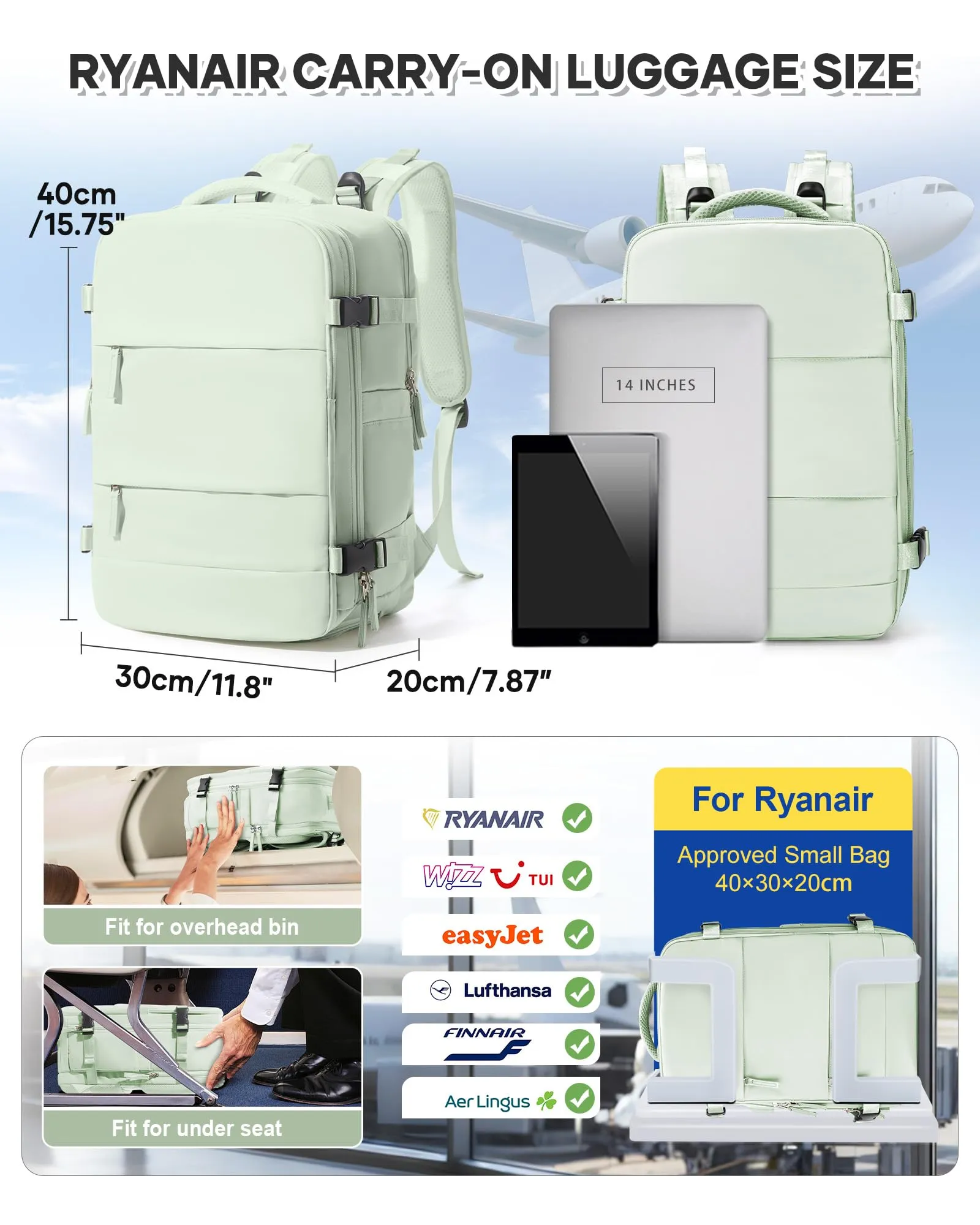 BJLFS Zaino da Viaggio Ryanair 40x30x20 Sottovuoto con Pompa - immagine 3