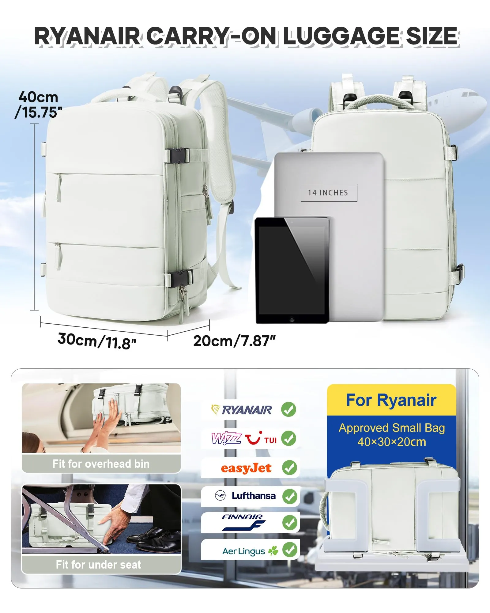 BJLFS Zaino da Viaggio Ryanair 40x30x20 Sottovuoto con Pompa - immagine 3