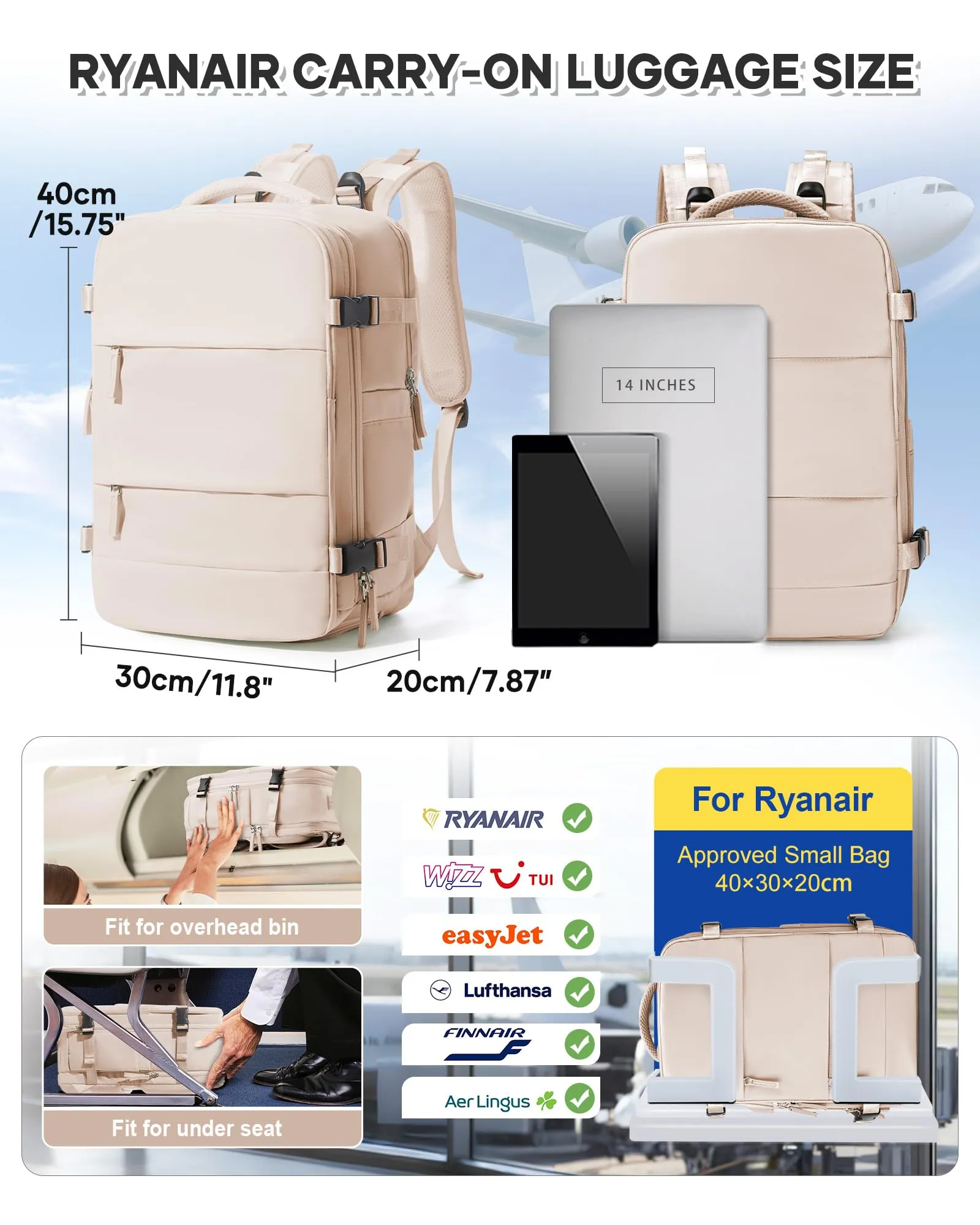 BJLFS Zaino da Viaggio Ryanair 40x30x20 Sottovuoto con Pompa - immagine 3