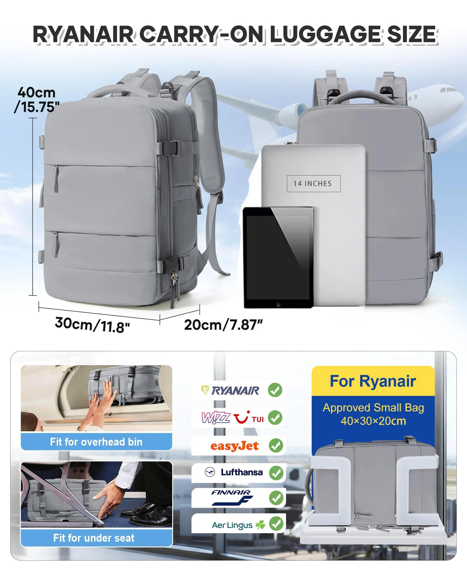 BJLFS Zaino da Viaggio Ryanair 40x30x20 Sottovuoto con Pompa - immagine 3
