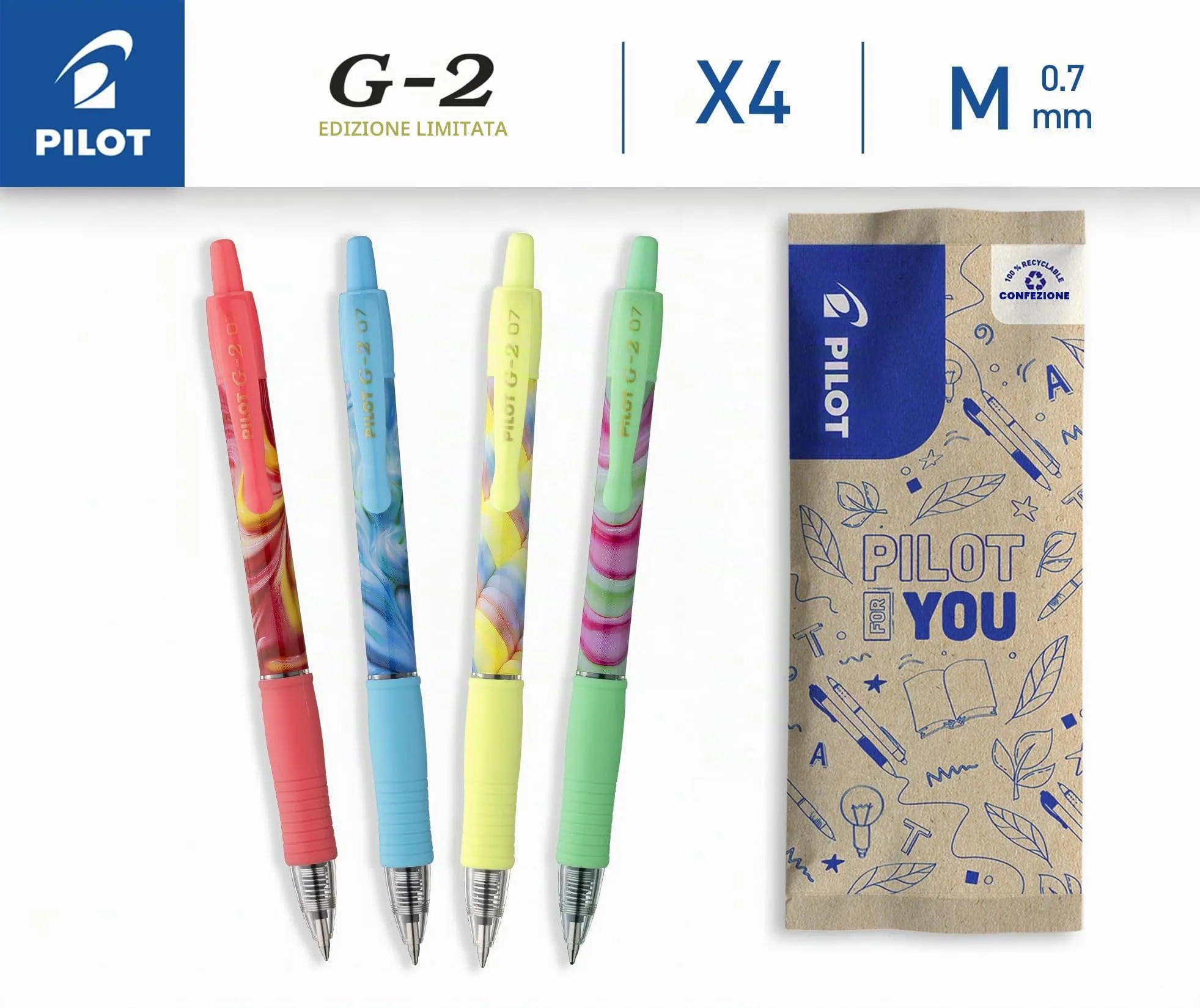 Pilot G2 Flow Edizione Limitata, Set di 4 Penne Roller Gel Retrattili, Punta Media, Corpo Rosa Blu Giallo Verde, Inchiostro Blu e Nero - immagine 2