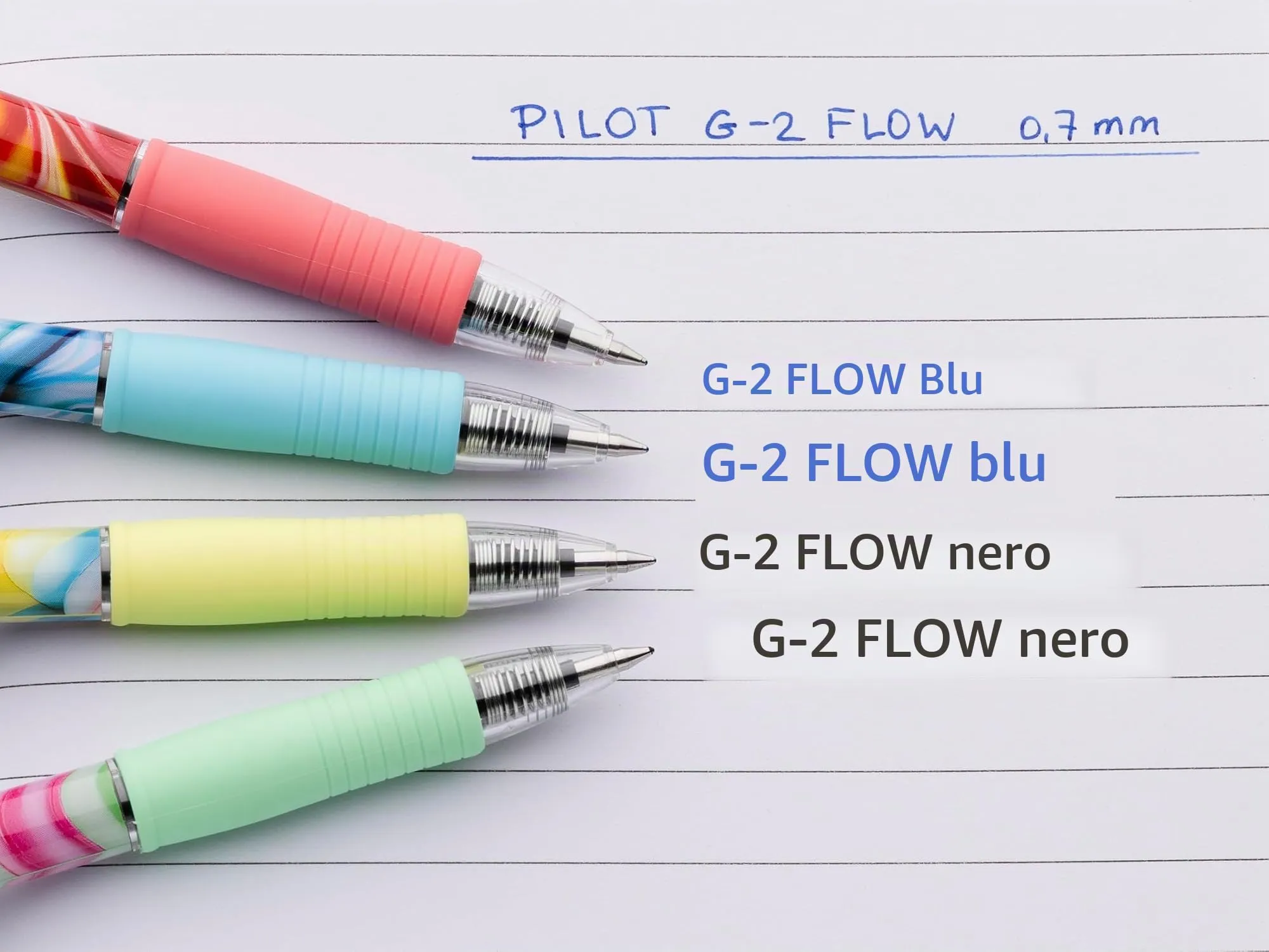 Pilot G2 Flow Edizione Limitata, Set di 4 Penne Roller Gel Retrattili, Punta Media, Corpo Rosa Blu Giallo Verde, Inchiostro Blu e Nero - immagine 6