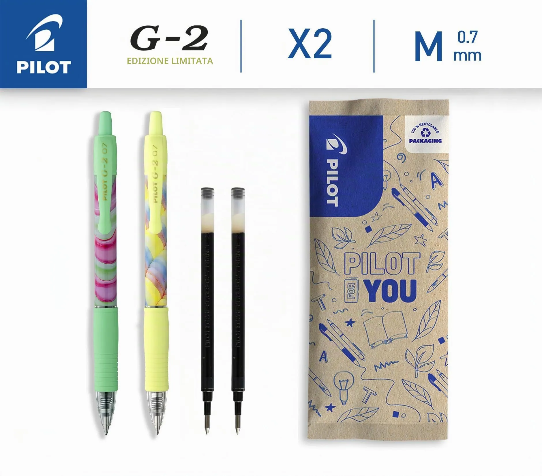 Pilot G2 Flow Set 2 Penne a Sfera Gel e 2 Ricariche - Edizione Limitata - Corpo Giallo e Verde, Inchiostro Nero, Punta Media - immagine 2