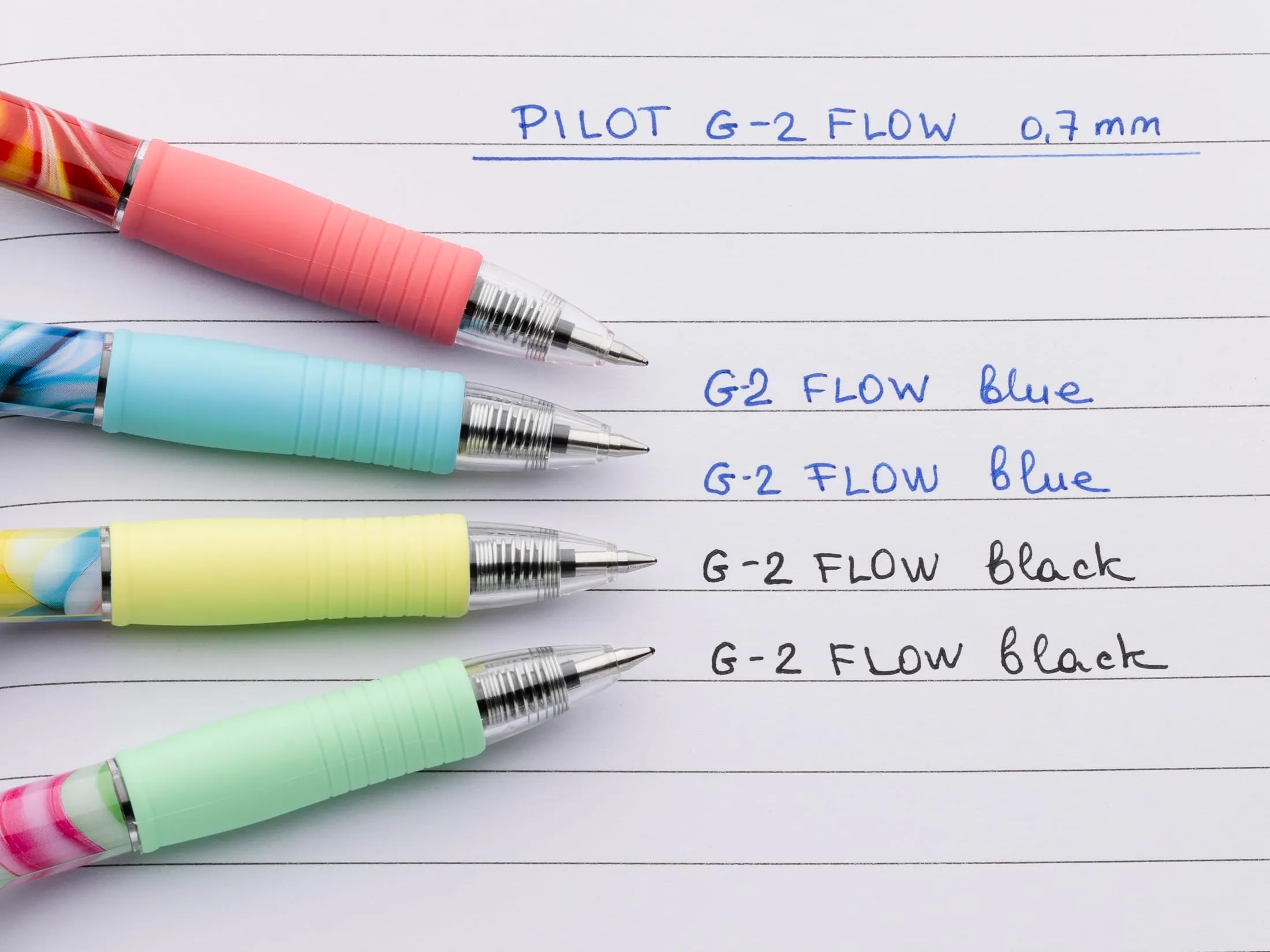 Pilot G2 Flow Set 2 Penne a Sfera Gel e 2 Ricariche - Edizione Limitata - Corpo Giallo e Verde, Inchiostro Nero, Punta Media - immagine 6