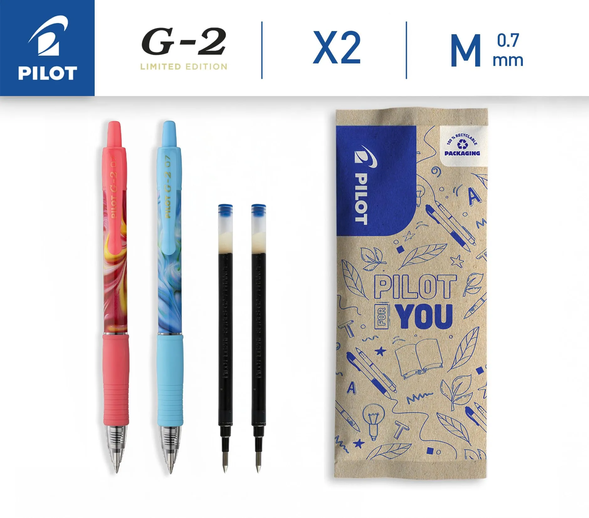 Pilot G2 Flow Penne Roller Gel Retrattili, Set di 2 Penne + 2 Ricariche, Edizione Limitata, Punta Media, Inchiostro Blu, Corpo Rosa e Blu - immagine 2