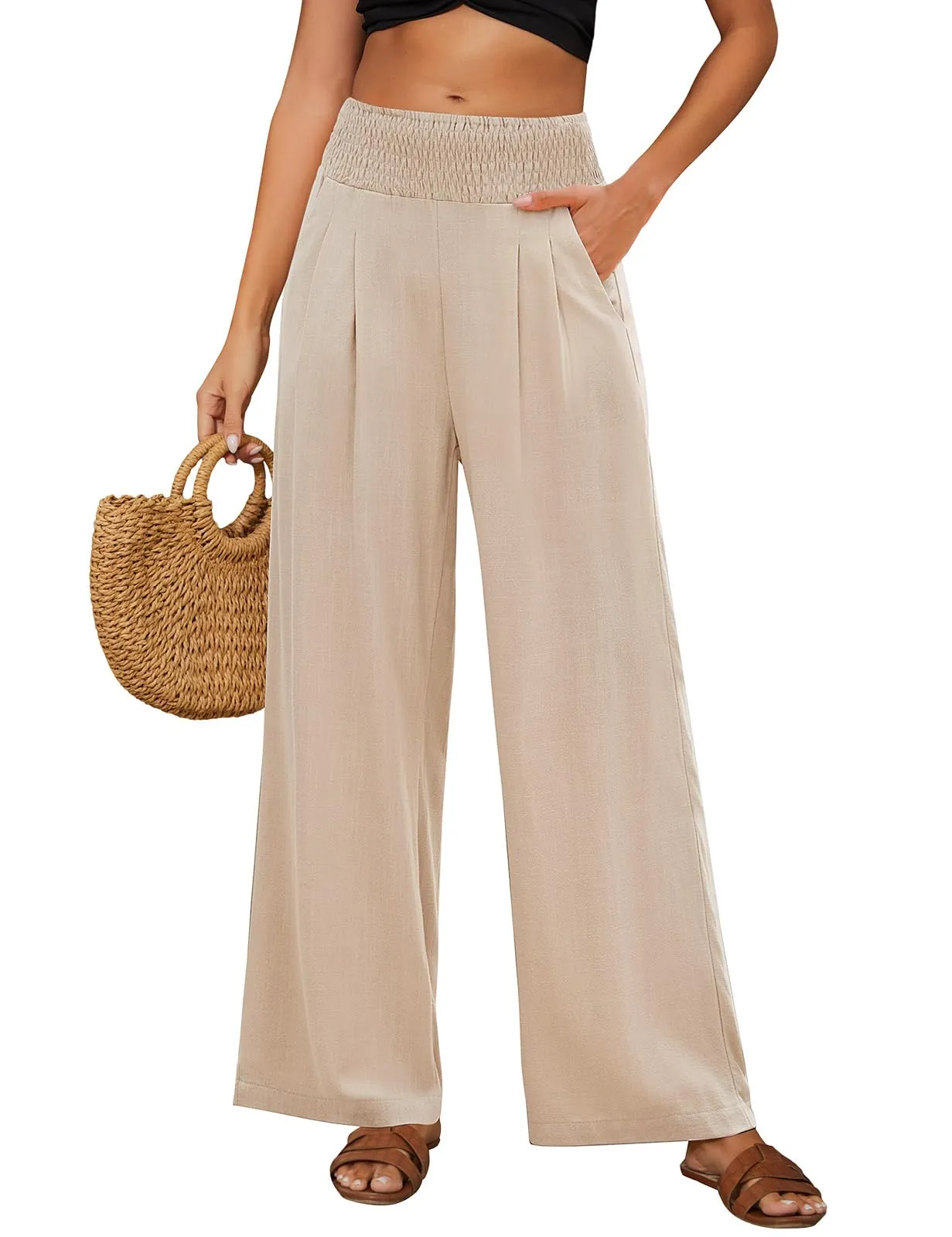 PASUDA Pantaloni in Lino Donna a Vita Alta Larghi con Tasche, Cachi, S - immagine 1