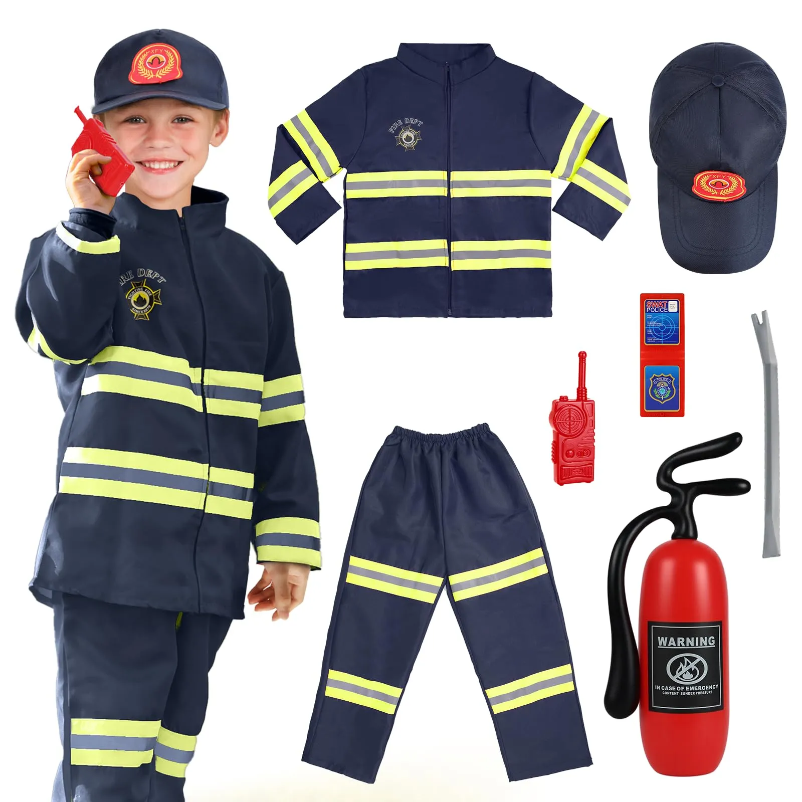 AYBUY Costume da Pompiere per Bambini con Accessori, Blu, 8-9 anni - immagine 1