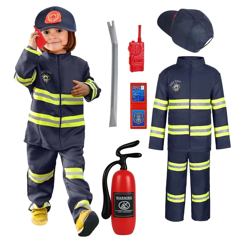AYBUY Costume da Pompiere per Bambini con 8 Accessori, Blu, 3-4 anni - immagine 8