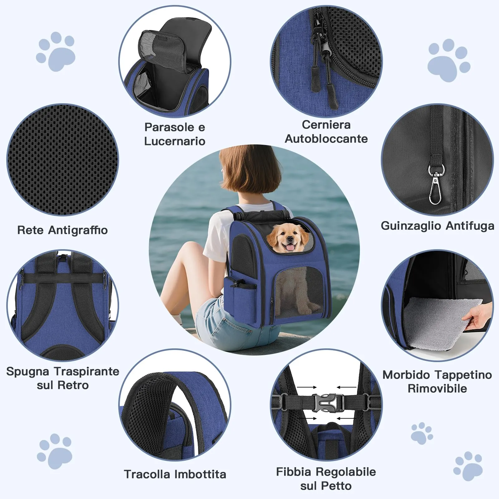 Quirlig Zaino Trasportino per Cani e Gatti fino a 10 kg, Blu - immagine 4