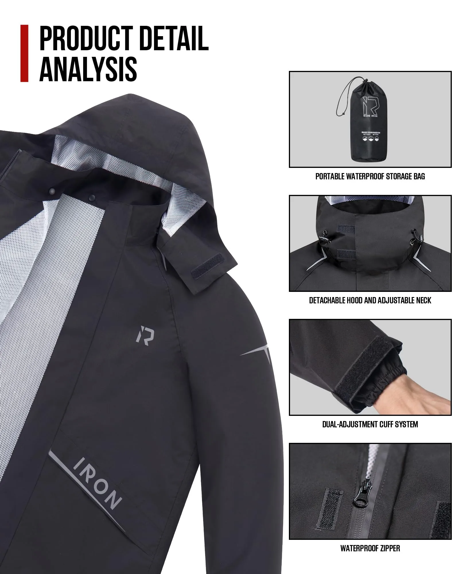 RIDEIRON Tuta Antipioggia da Moto da Uomo, 2 Pezzi, Impermeabile 15.000 mm, MJ5009, Nero, 3XL - immagine 4