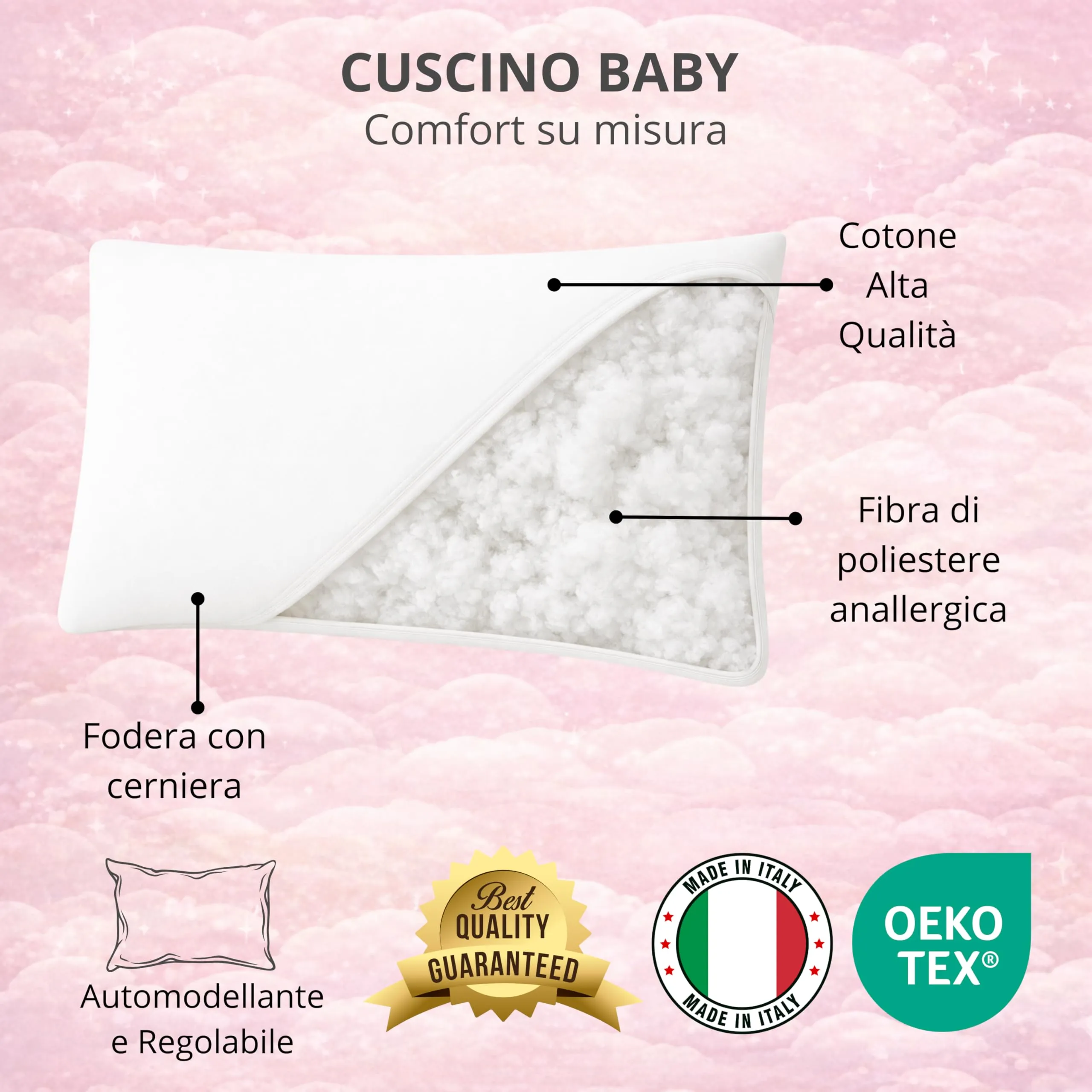 The Double Twenty Cuscino Letto Bambino 40x60 cm Altezza Regolabile in Cotone Antibatterico Antiallergico Antiacaro - immagine 4