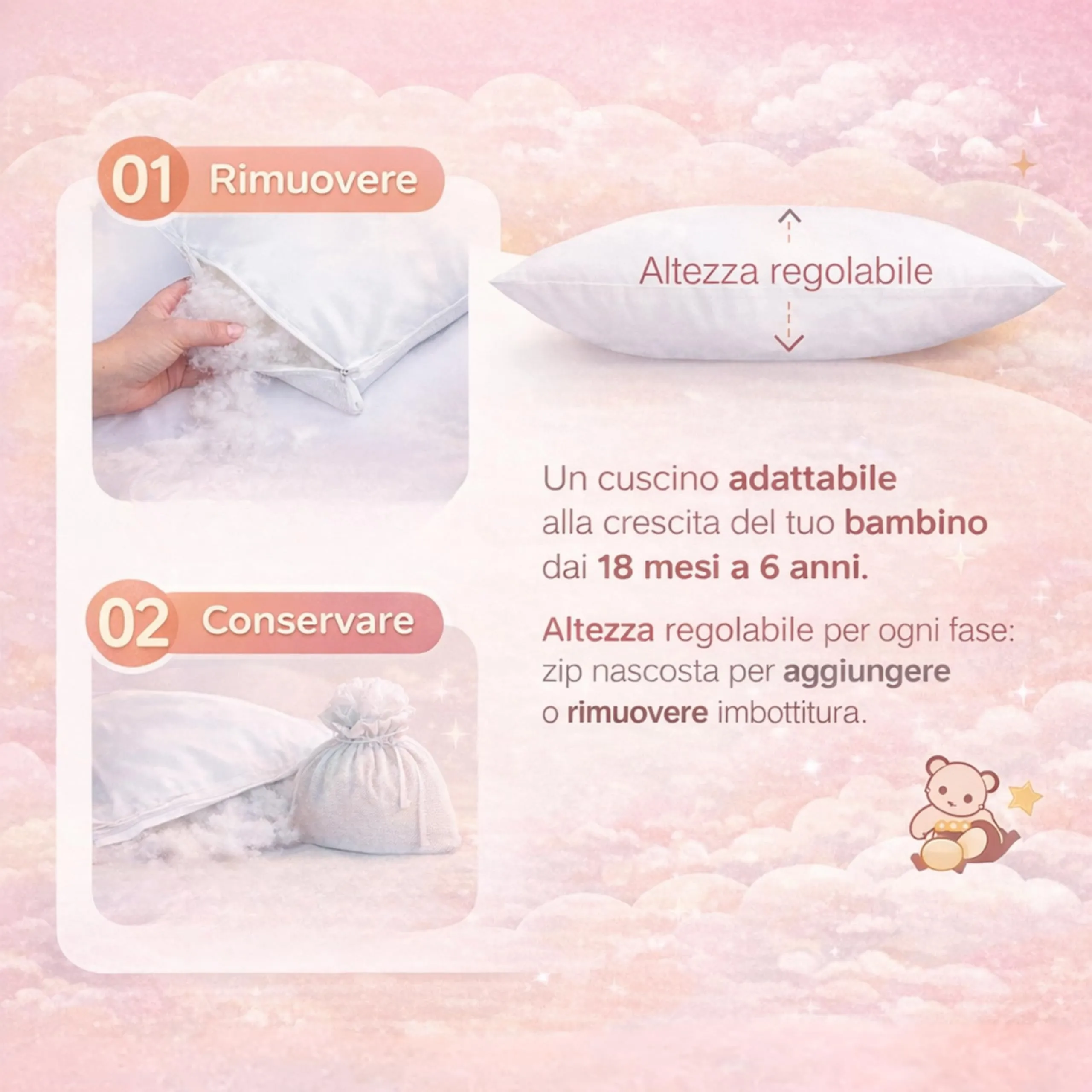 The Double Twenty Cuscino Letto Bambino 40x60 cm Altezza Regolabile in Cotone Antibatterico Antiallergico Antiacaro - immagine 6