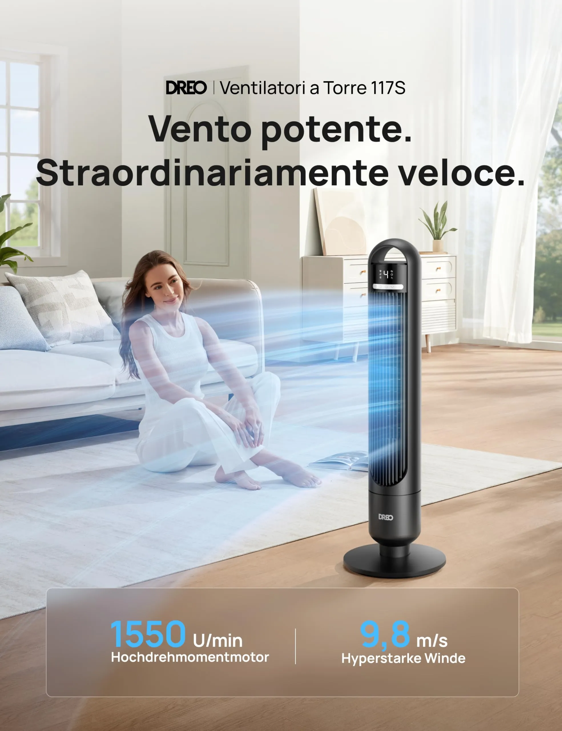 DREO DR-HTF017S Ventilatore a Torre Smart, 28 dB, 4 Velocità, 3 Modalità, Timer 8h, Controllo App, Oscillazione 90° - immagine 2
