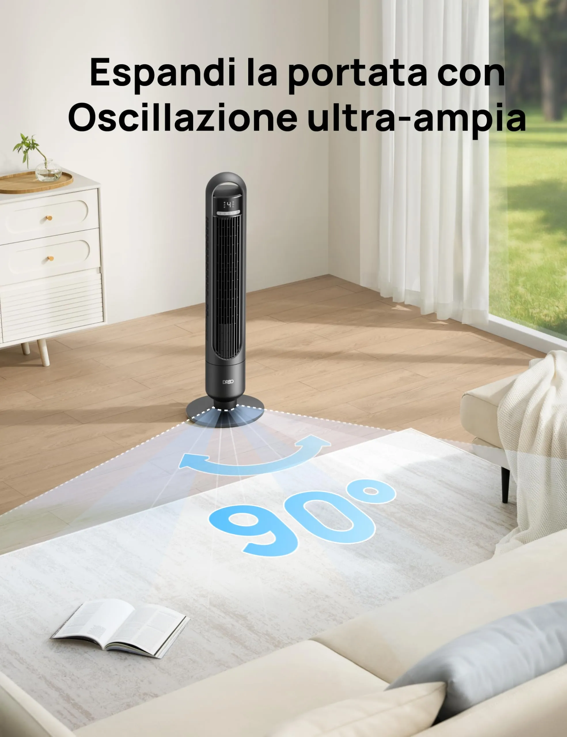 DREO DR-HTF017S Ventilatore a Torre Smart, 28 dB, 4 Velocità, 3 Modalità, Timer 8h, Controllo App, Oscillazione 90° - immagine 5