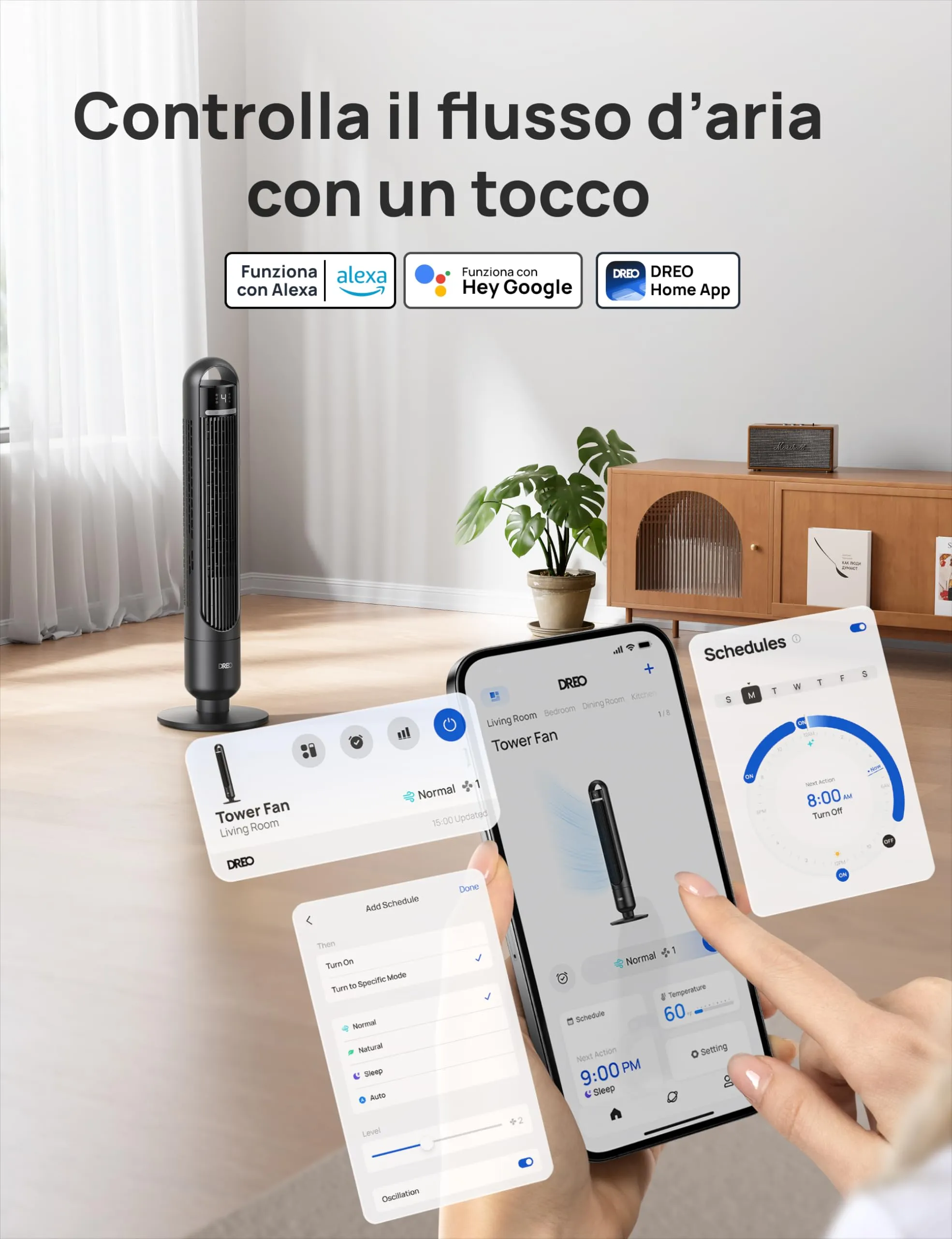 DREO DR-HTF017S Ventilatore a Torre Smart, 28 dB, 4 Velocità, 3 Modalità, Timer 8h, Controllo App, Oscillazione 90° - immagine 8