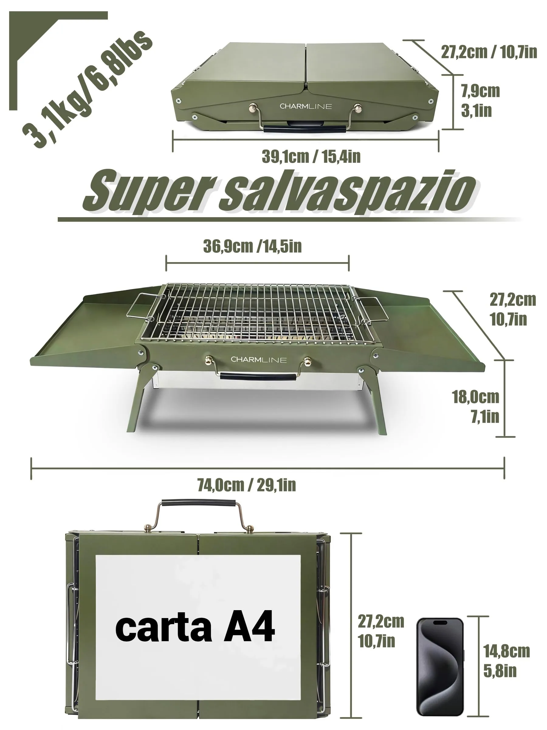 Charmline Griglia a Carbone Portatile Pieghevole, 39 x 27 cm, Verde - immagine 2