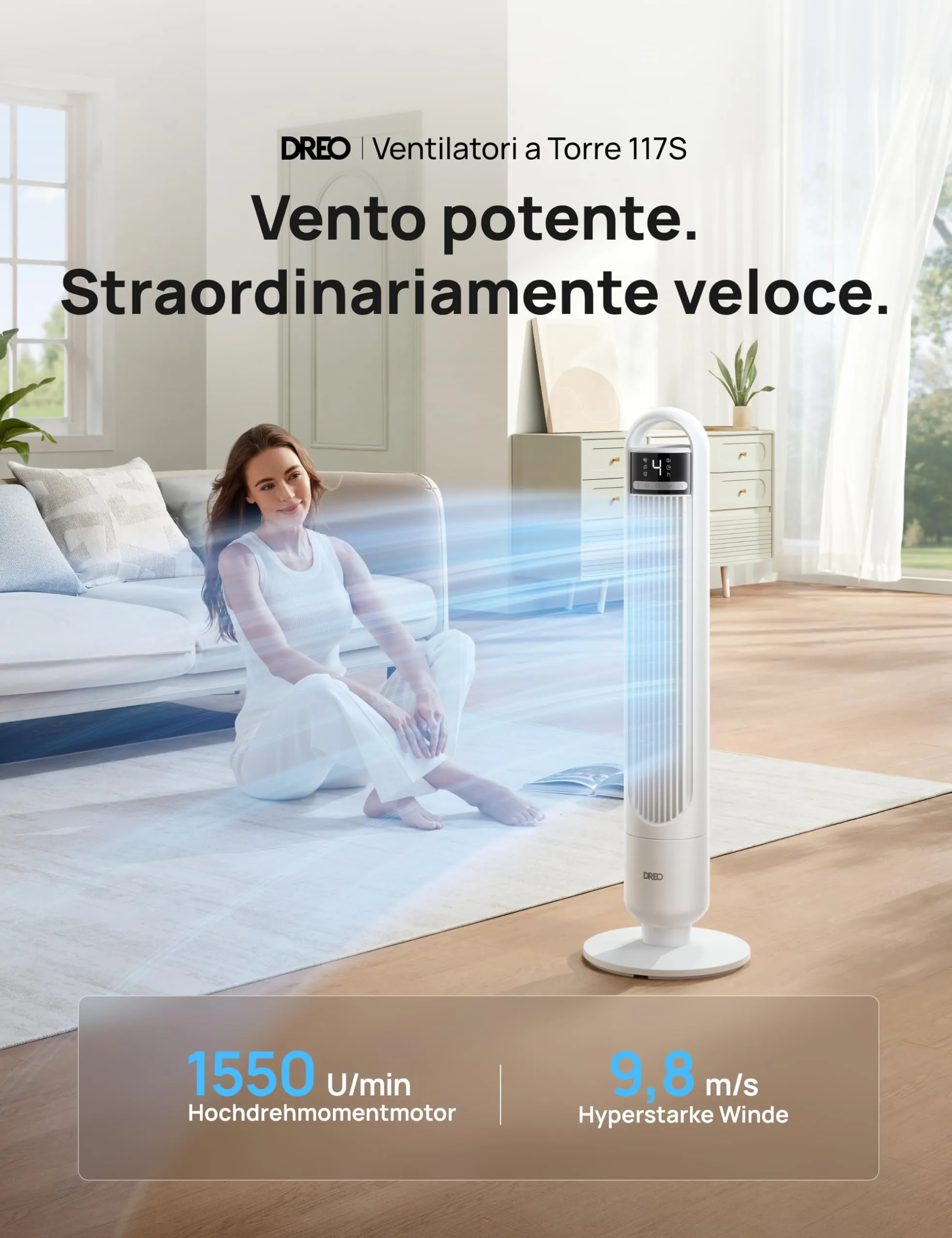 DREO DR-HTF017S Ventilatore a Torre Smart, 28 dB, Portata Aria 8,8 m, 4 Velocità, 3 Modalità, Timer 8h, Controllo App, Oscillazione 90° - immagine 2