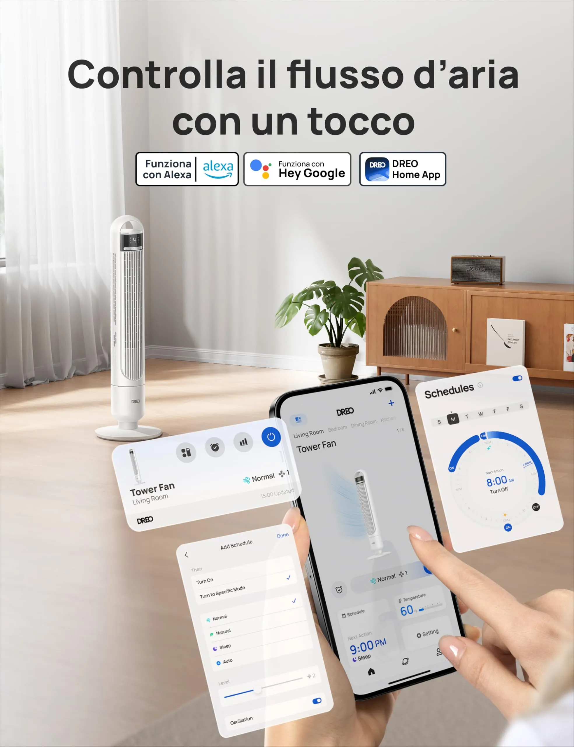 DREO DR-HTF017S Ventilatore a Torre Smart, 28 dB, Portata Aria 8,8 m, 4 Velocità, 3 Modalità, Timer 8h, Controllo App, Oscillazione 90° - immagine 8