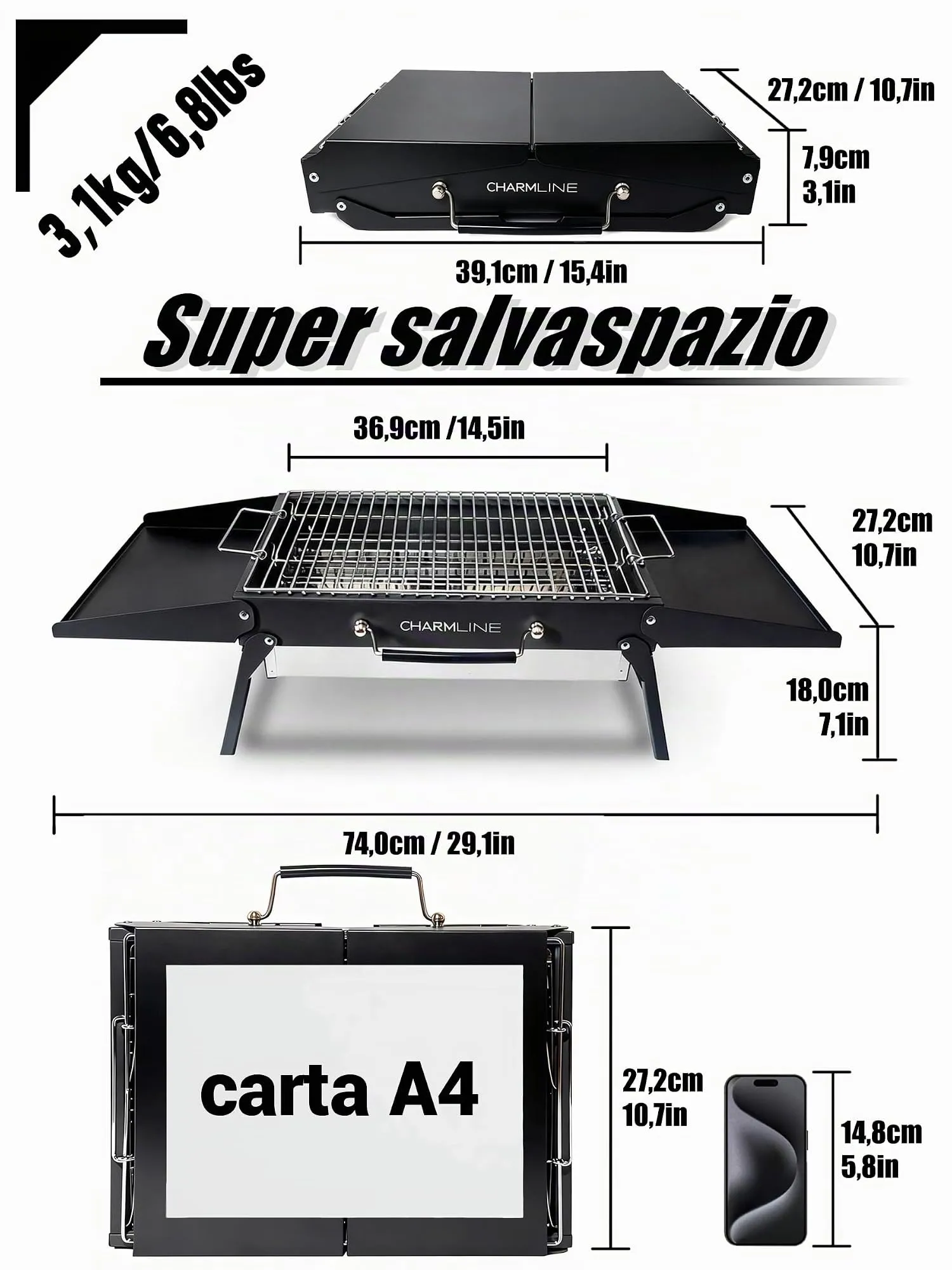Charmline Griglia a Carbone Portatile Pieghevole 39 x 27 cm, Nero - immagine 2