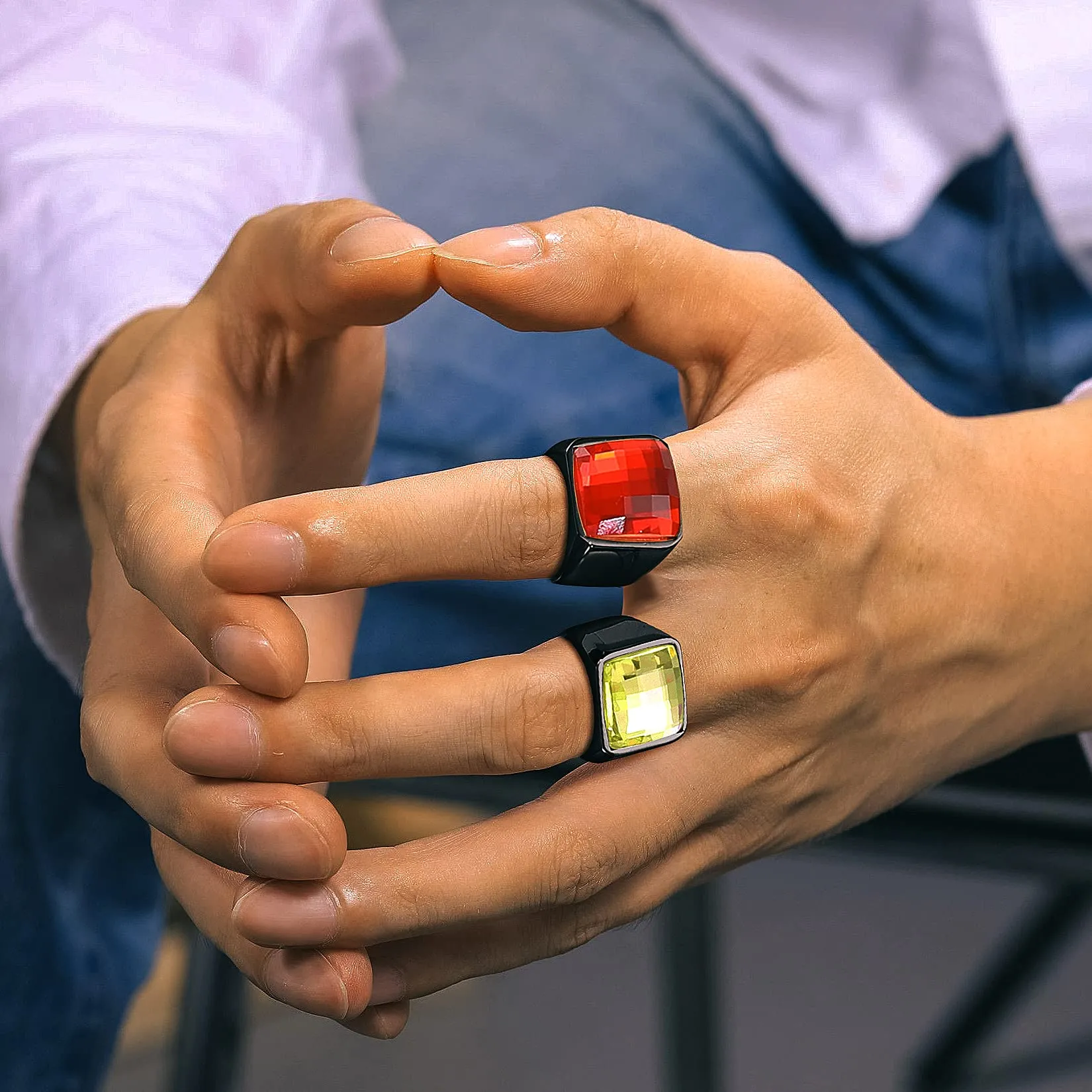 U7 Anello Uomo Nero in Acciaio Inossidabile con Pietra Personalizzata da 15mm - immagine 2