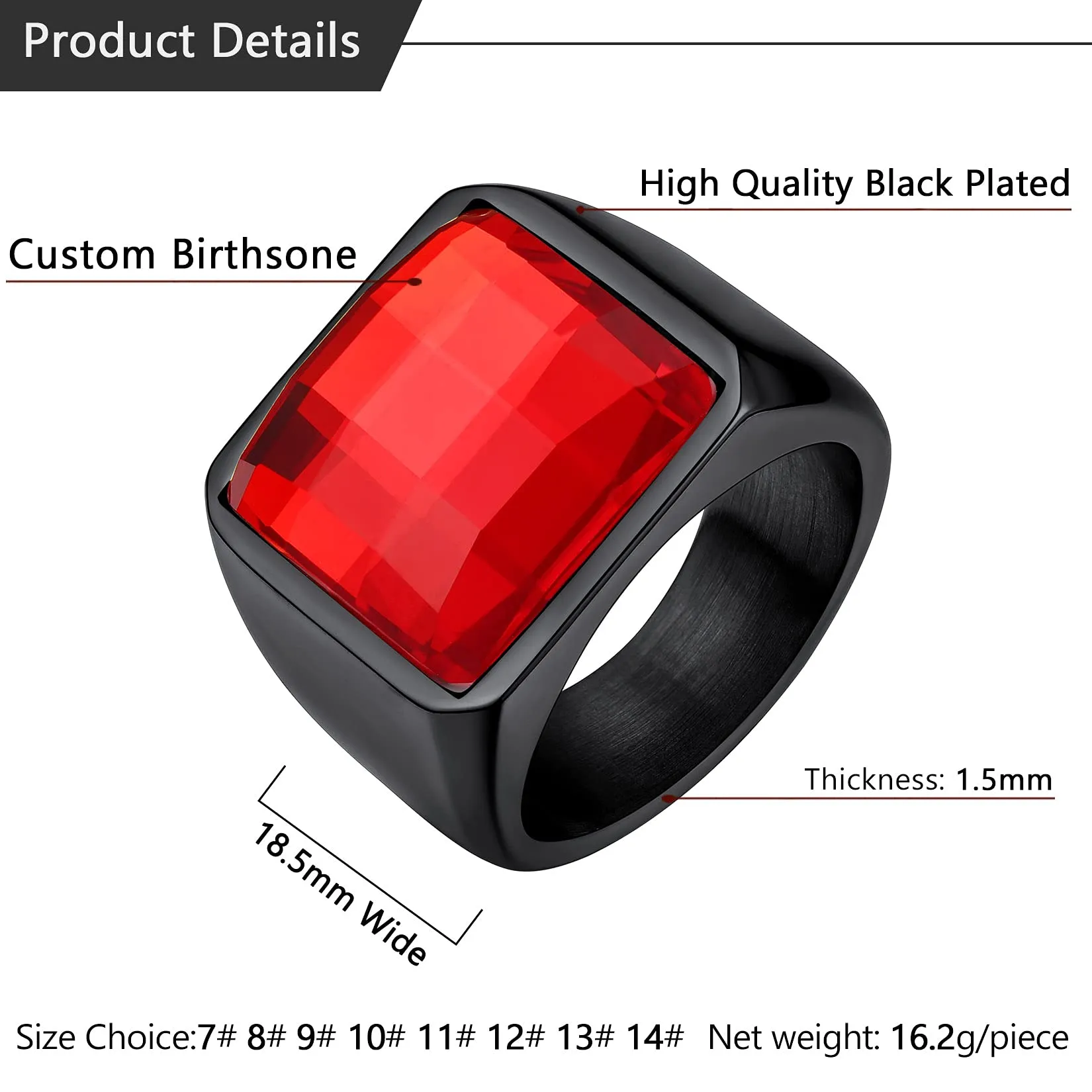 U7 Anello Uomo Nero in Acciaio Inossidabile con Pietra Personalizzata da 15mm - immagine 5